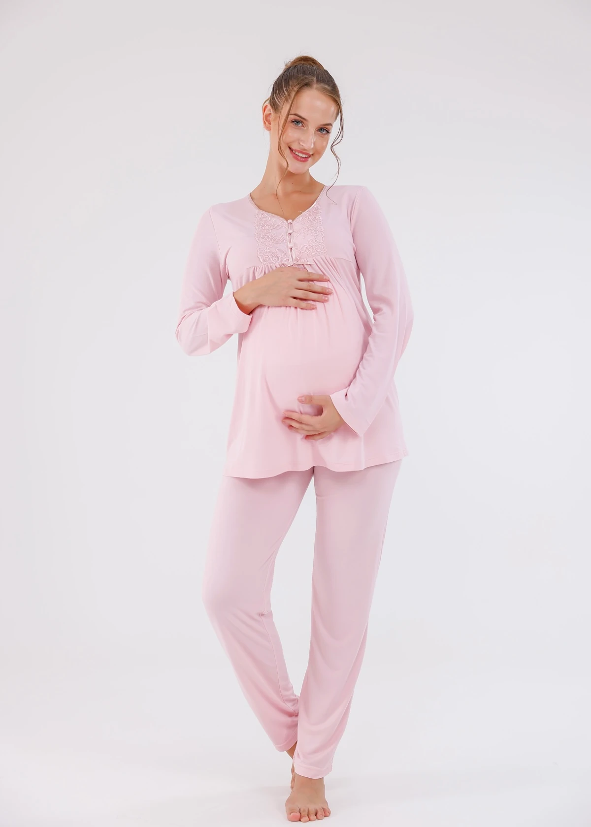 Pembe Güpür Detaylı Tasarım Sabahlıklı Hamile Lohusa Pijama Takımı