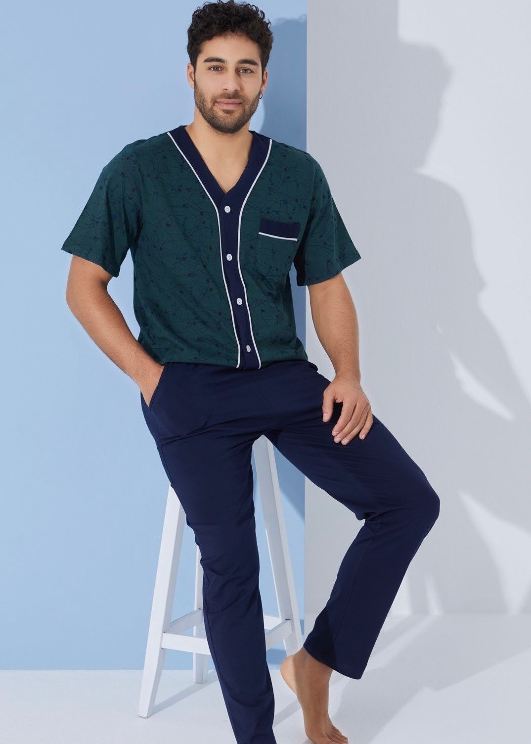 Yeşil Mavi Önden Düğmeli Pamuk Kısa Kollu Pijama Takımı