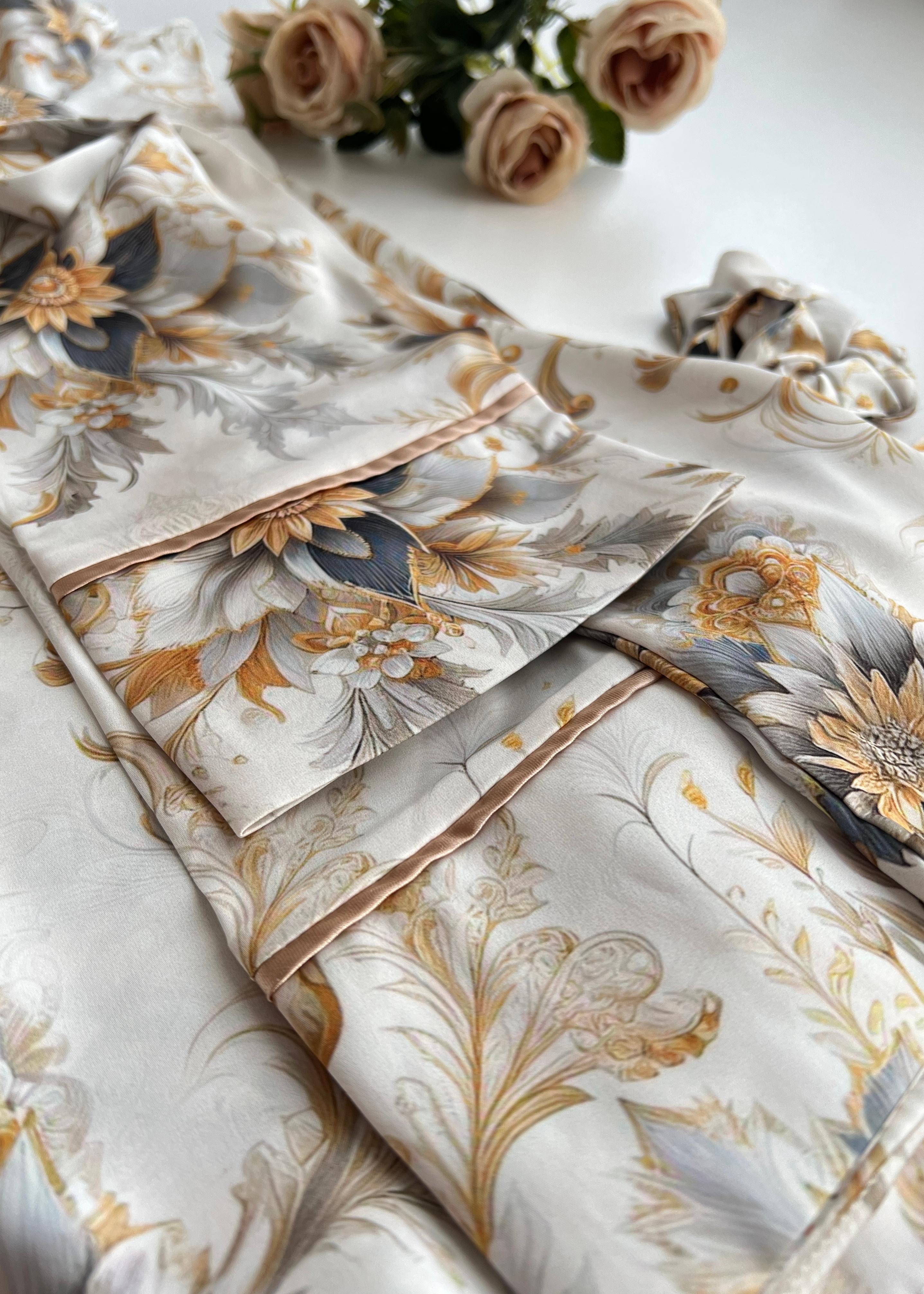 Flower Saten Uzun Kollu Pijama Takımı
