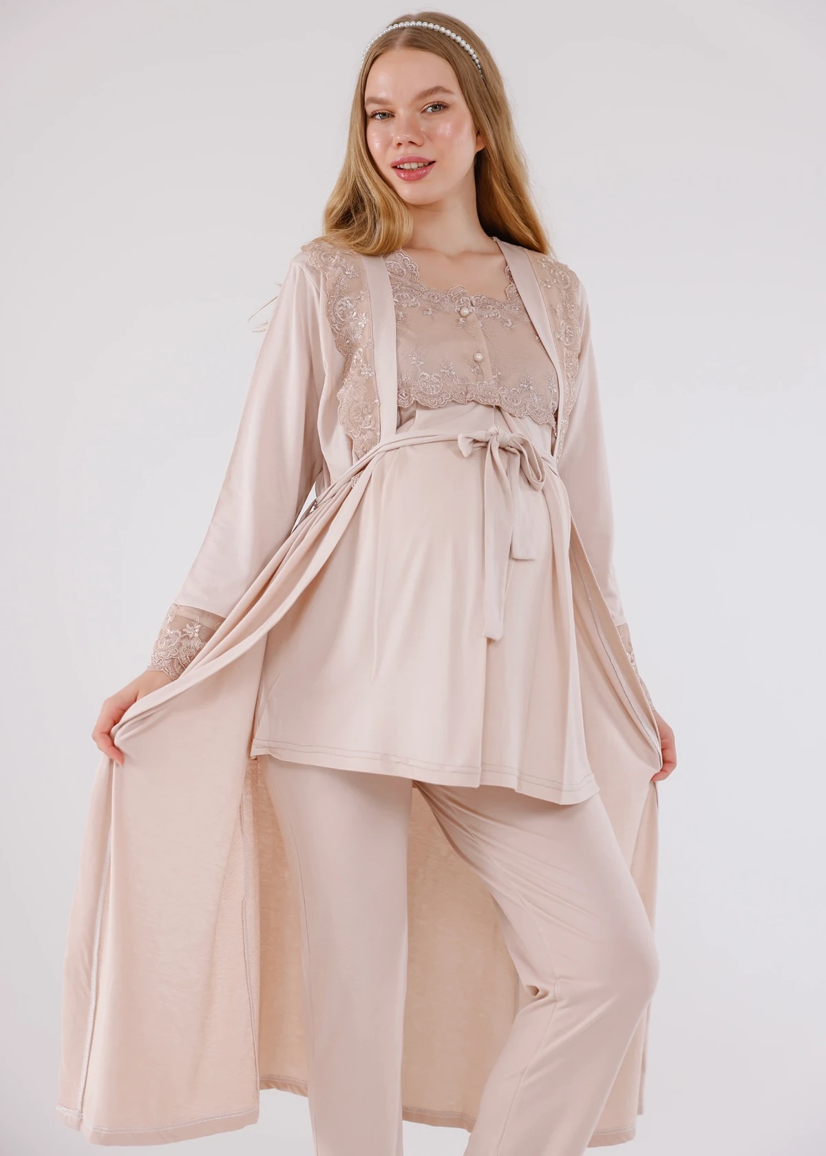 Güpür Detaylı Açık Kahve Sabahlıklı Hamile Lohusa Pijama Takımı