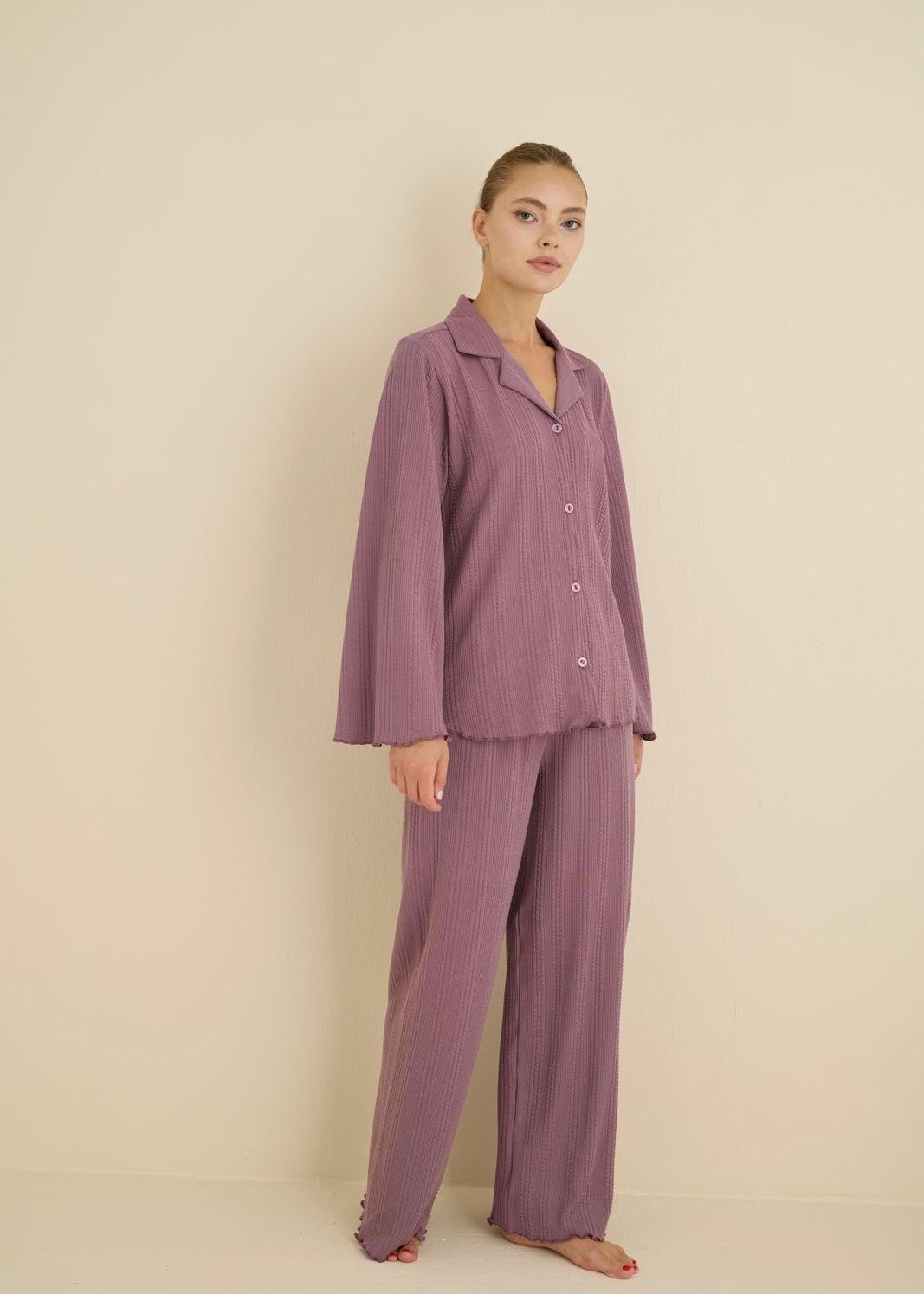 Gül Kurusu Pamuk Ribana Kumaş Uzun Kollu Pijama Takımı