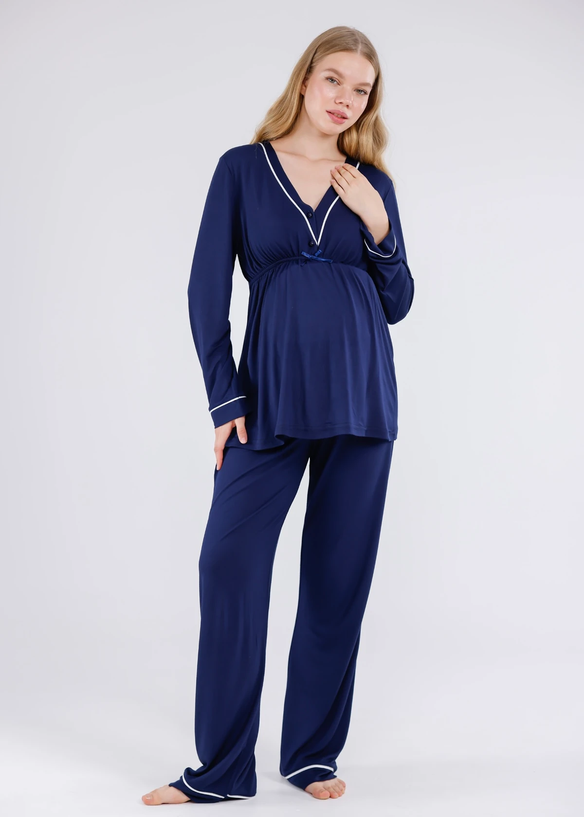 Lacivert Biyeli Sabahlıklı Hamile Lohusa Pijama Takımı
