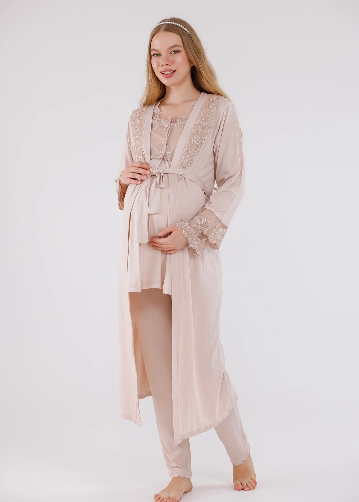 Güpür Detaylı Açık Kahve Sabahlıklı Hamile Lohusa Pijama Takımı