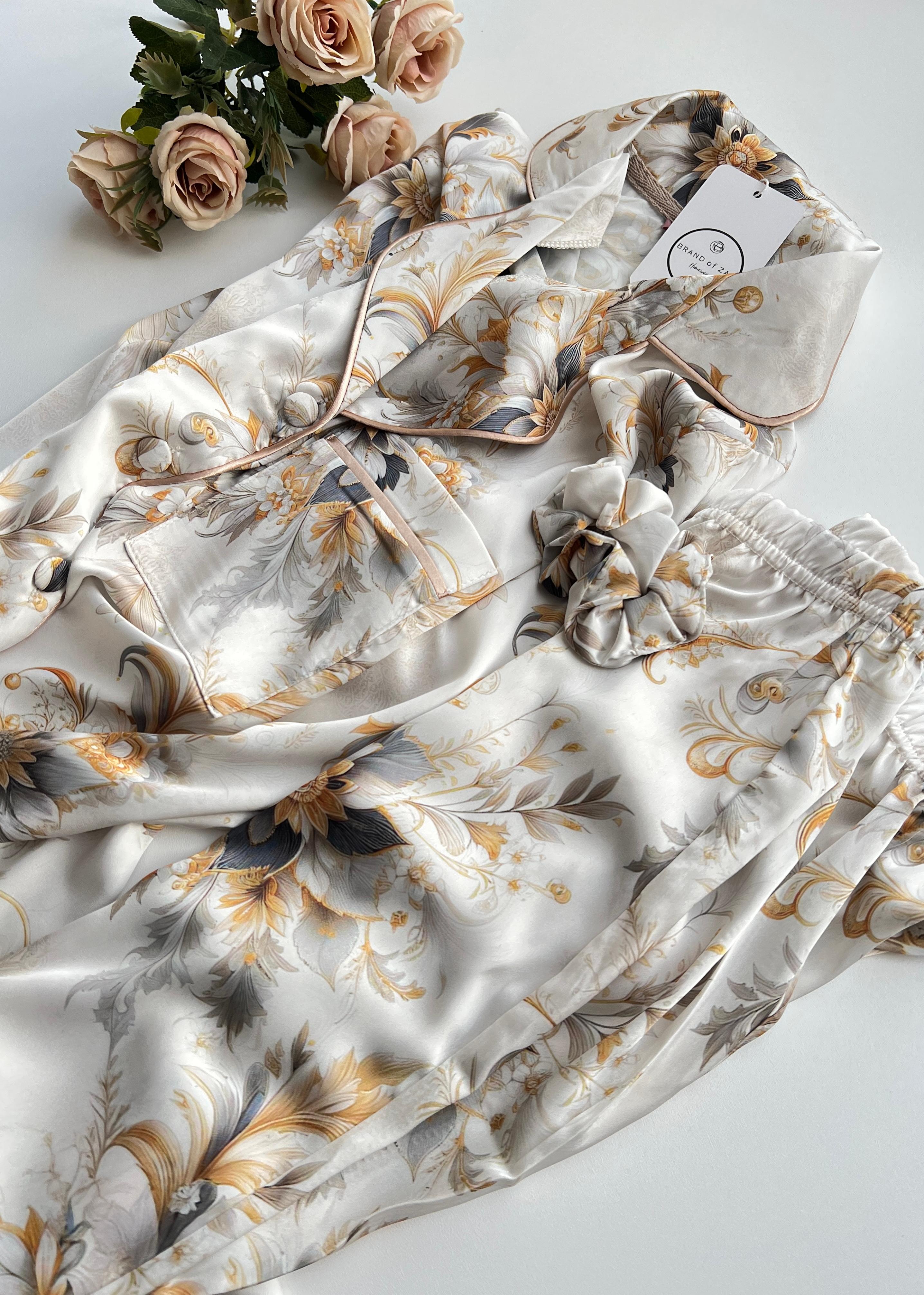 Flower Saten Uzun Kollu Pijama Takımı