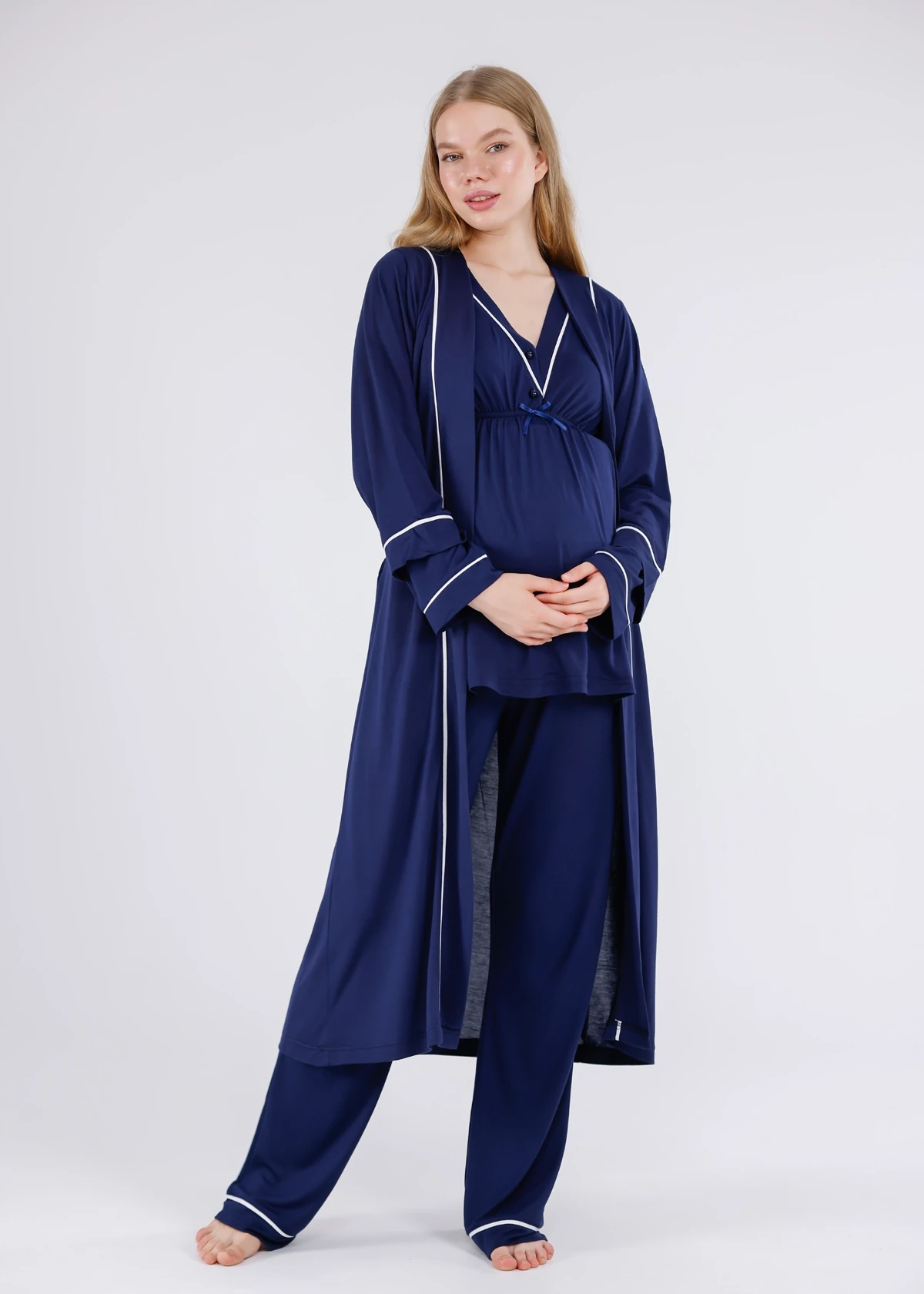 Lacivert Biyeli Sabahlıklı Hamile Lohusa Pijama Takımı