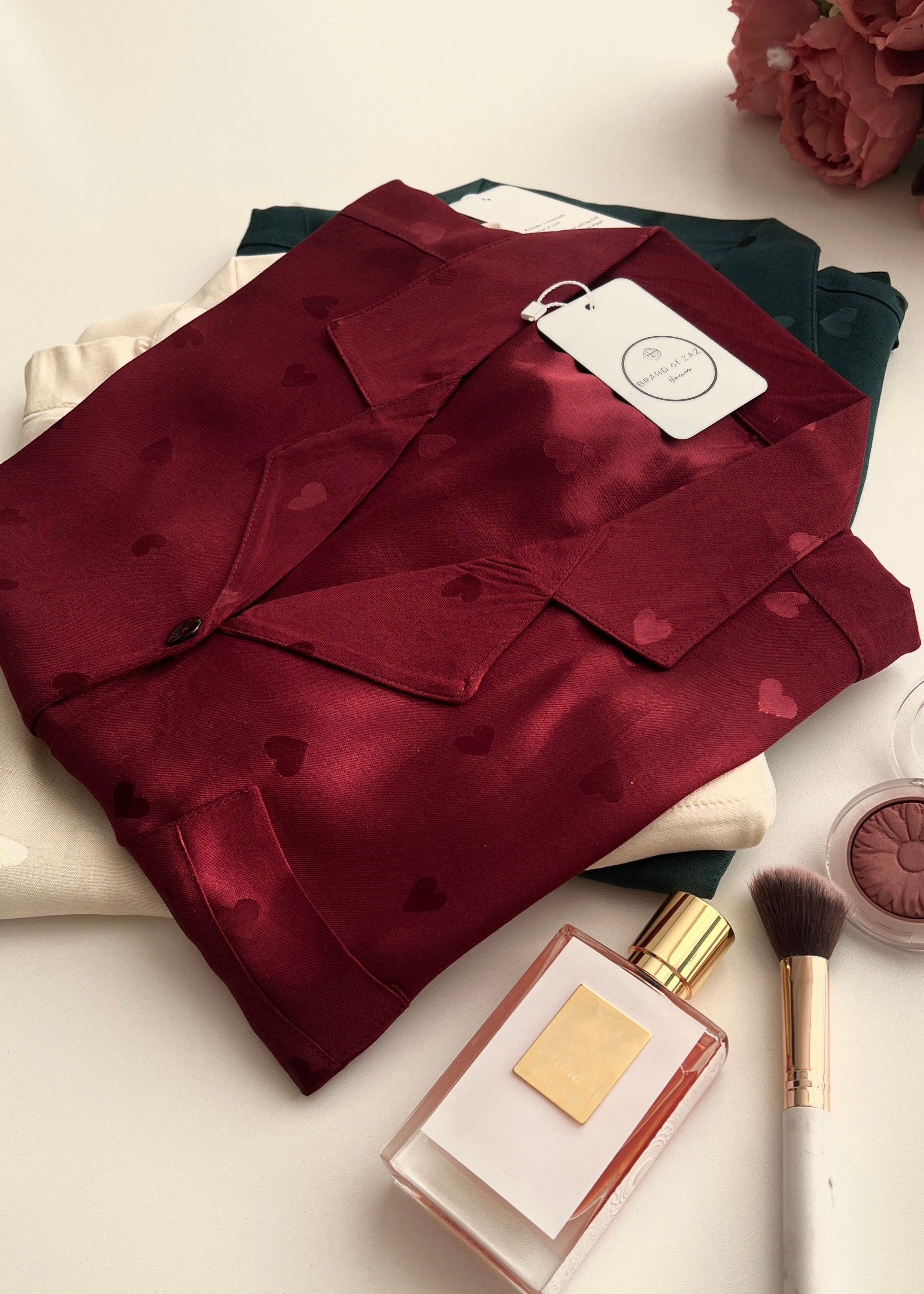 Kalpli Bordo Pamuk Saten Kısa Kollu Pijama Takımı
