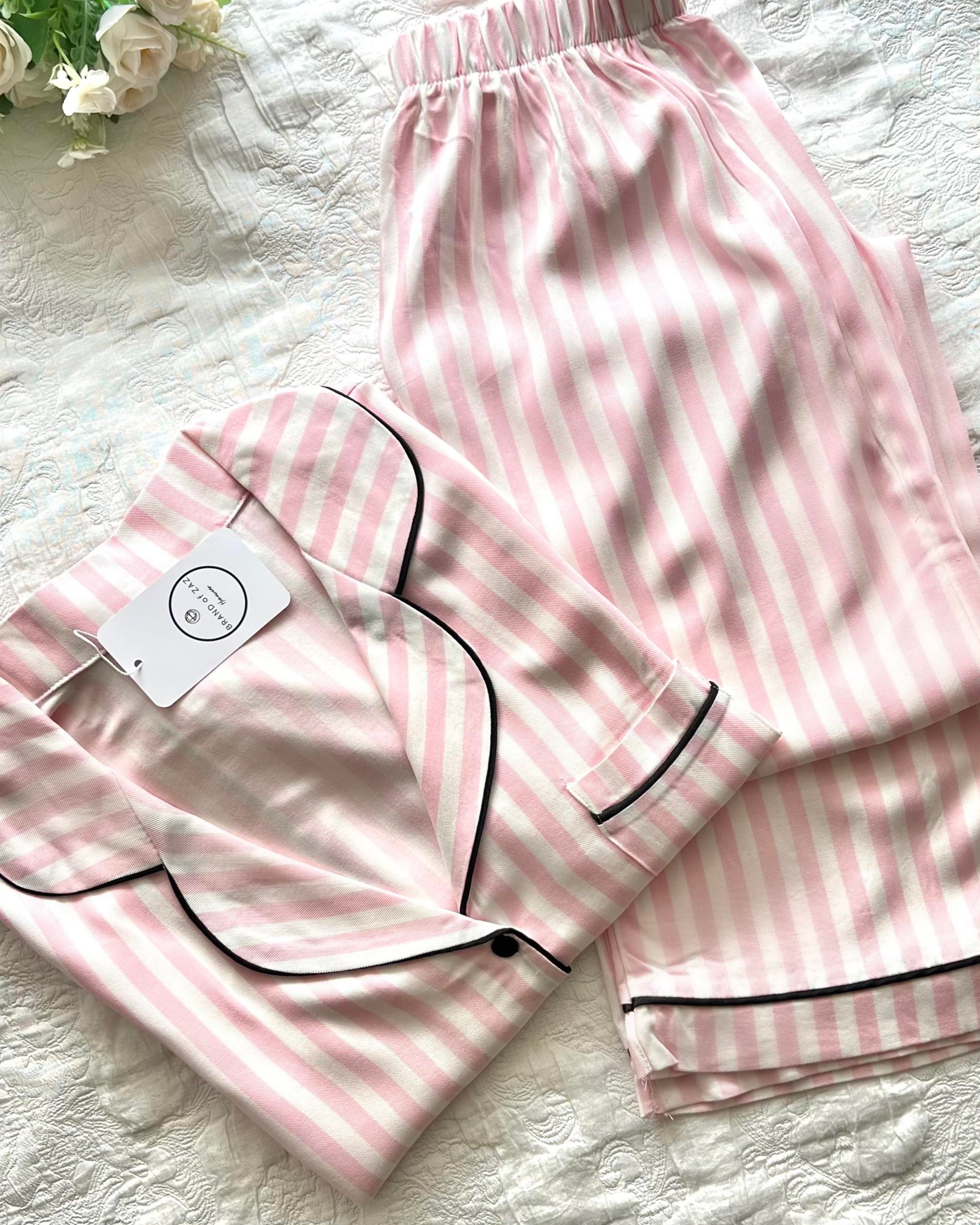 Pembe Beyaz Çizgili Viskon Uzun Kollu Pijama Takımı