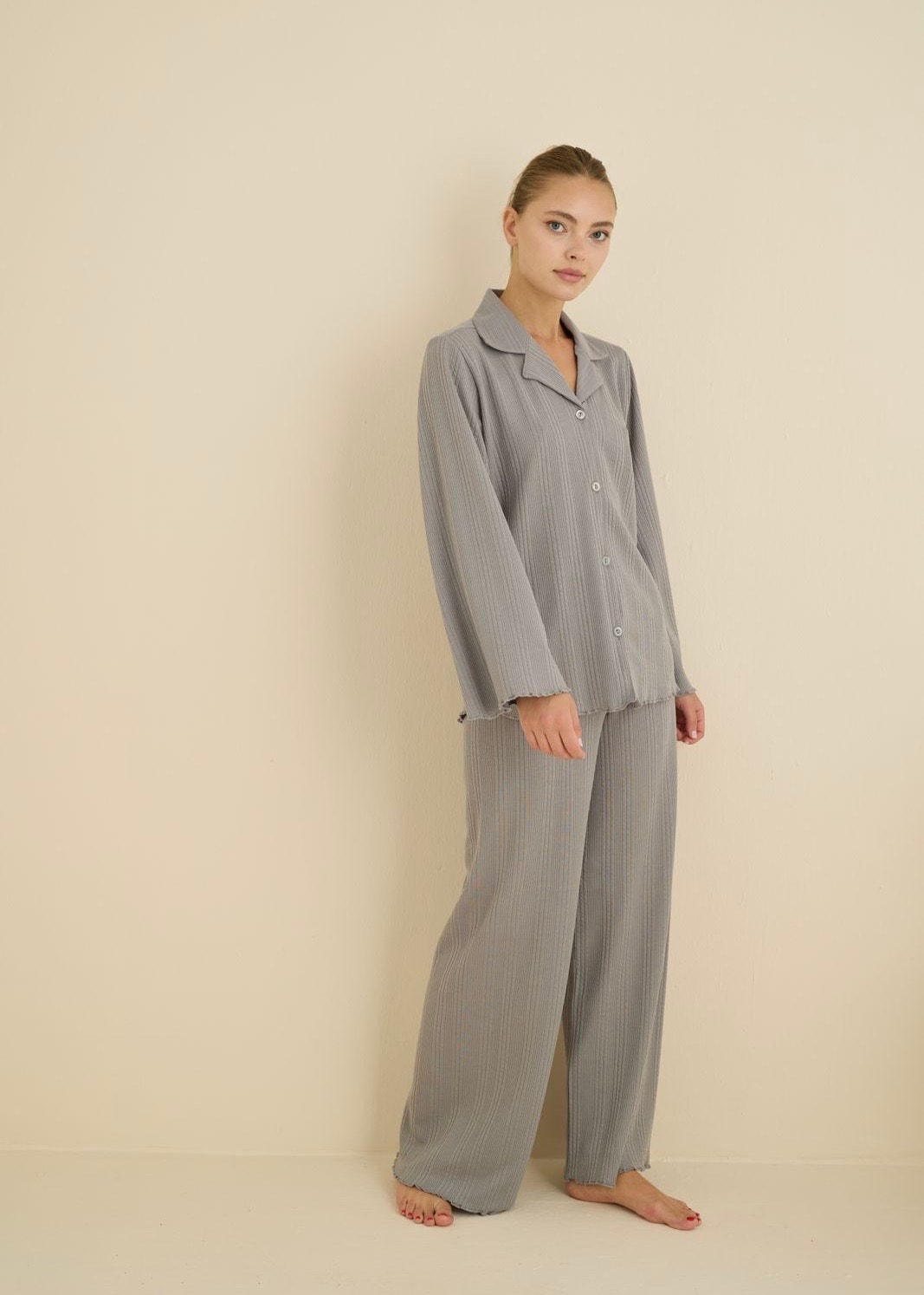 Taş Grisi Pamuk Ribana Kumaş Uzun Kollu Pijama Takımı