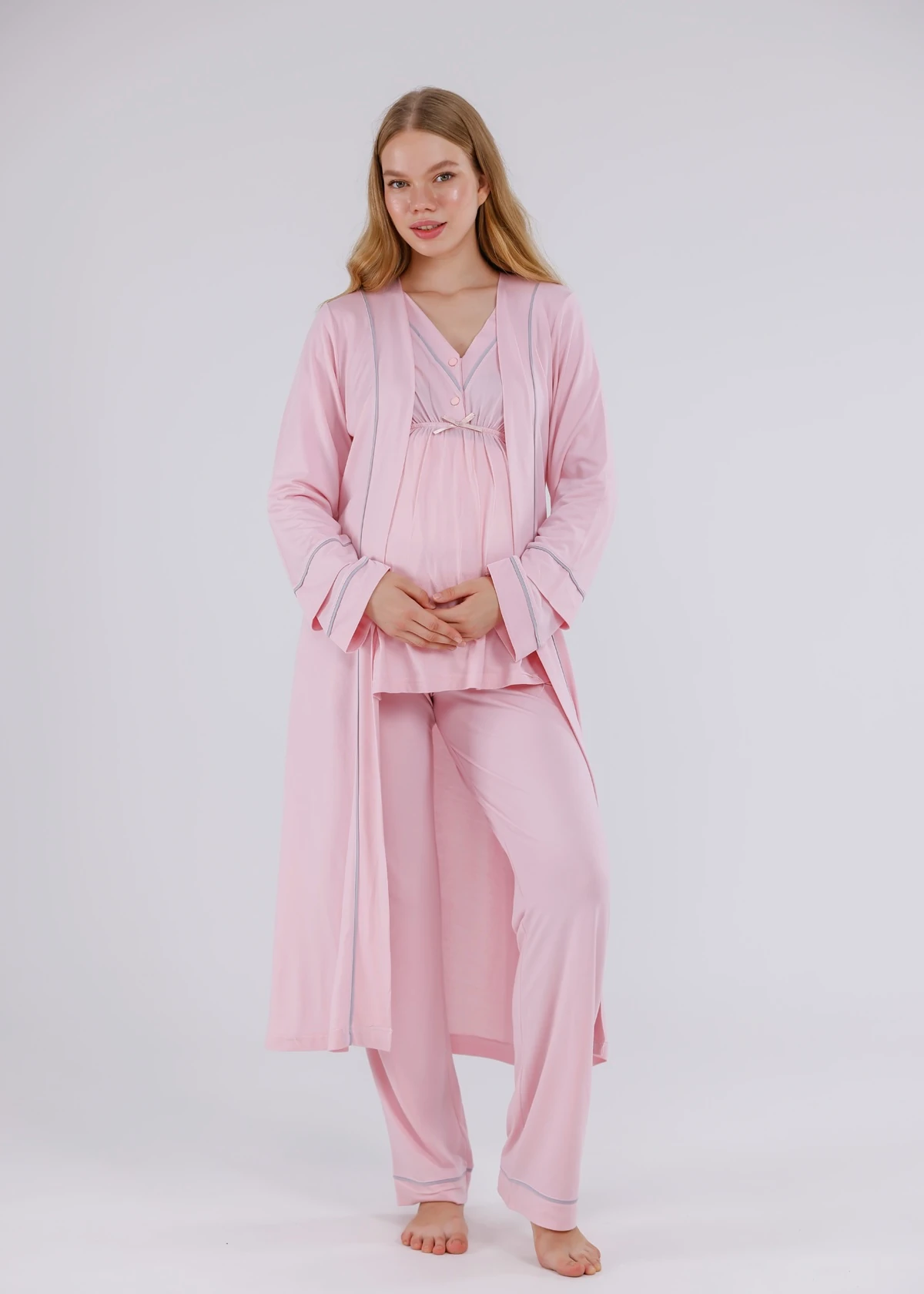 Açık Pembe Biyeli Sabahlıklı Hamile Lohusa Pijama Takımı