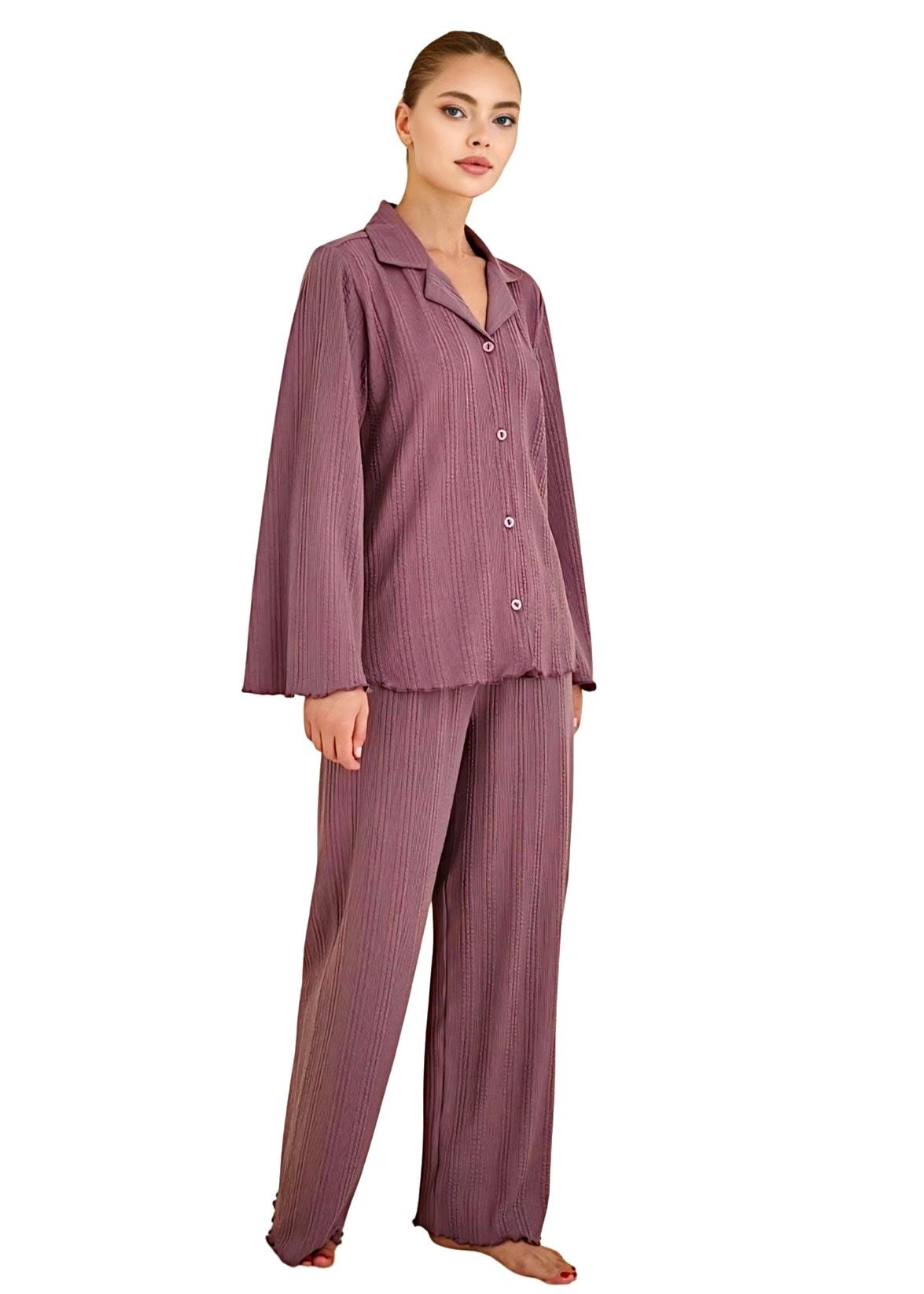 Gül Kurusu Pamuk Ribana Kumaş Uzun Kollu Pijama Takımı