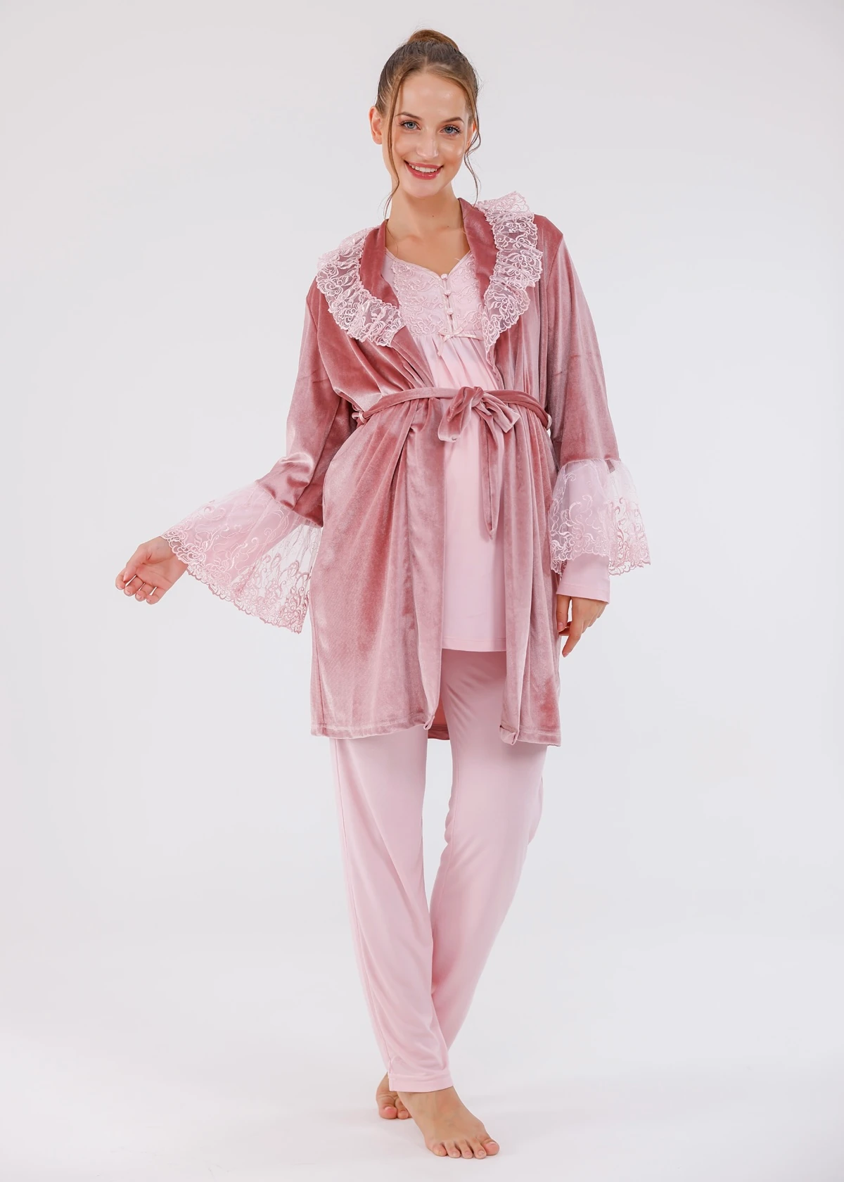 Pembe Güpür Detaylı Tasarım Sabahlıklı Hamile Lohusa Pijama Takımı