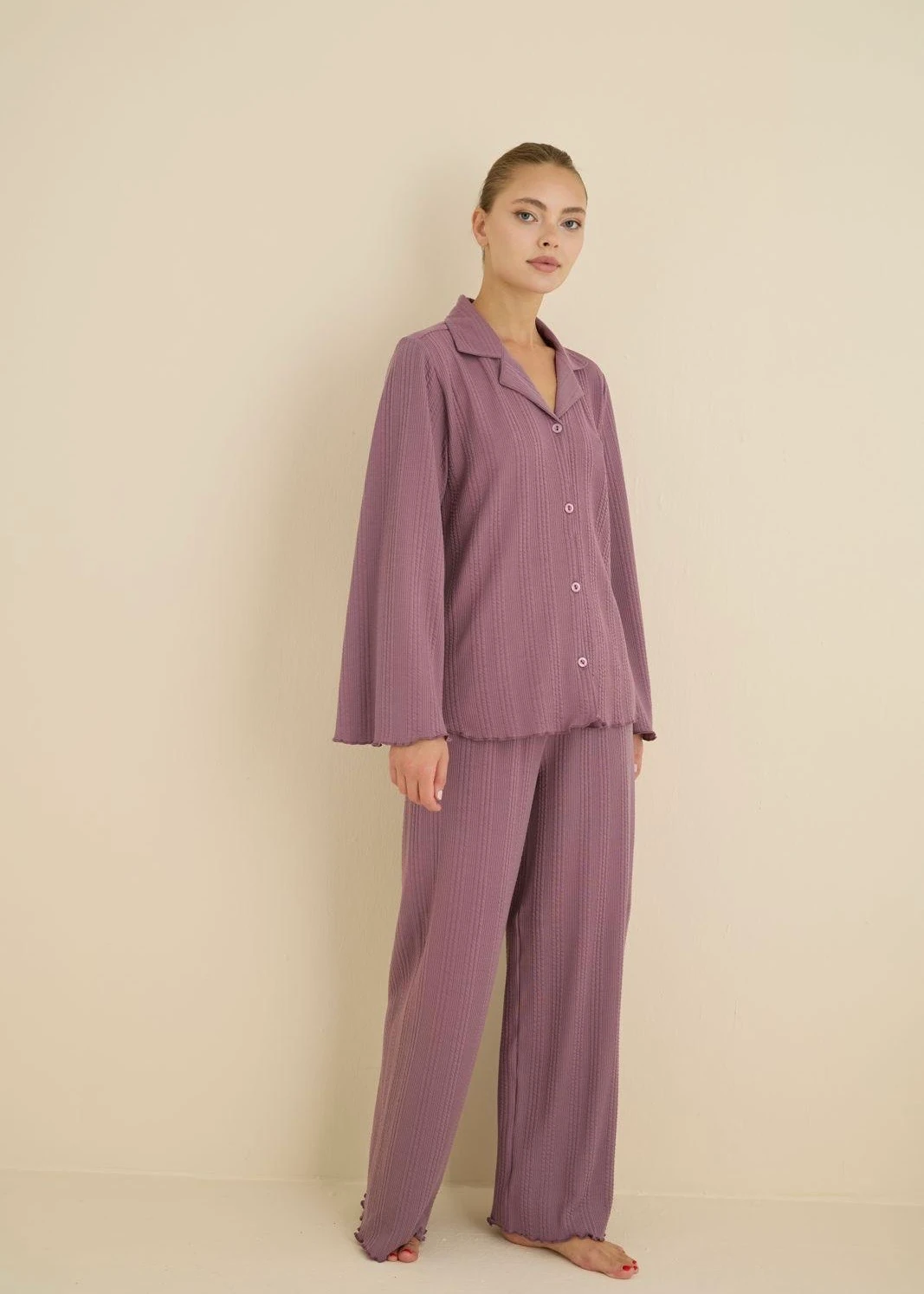 Gül Kurusu Pamuk Ribana Kumaş Uzun Kollu Pijama Takımı