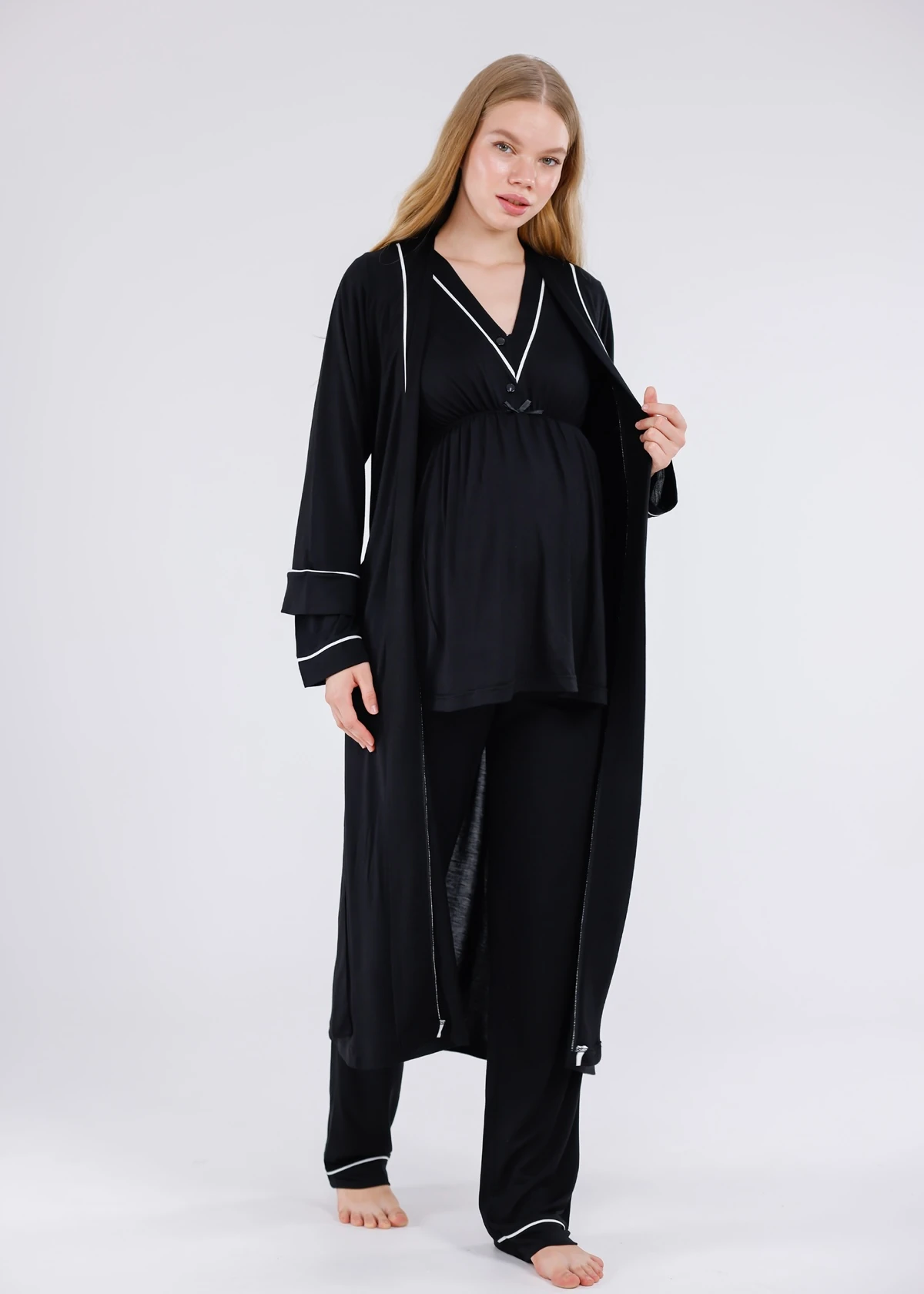 Siyah Beyaz Biyeli Sabahlıklı Hamile Lohusa Pijama Takımı