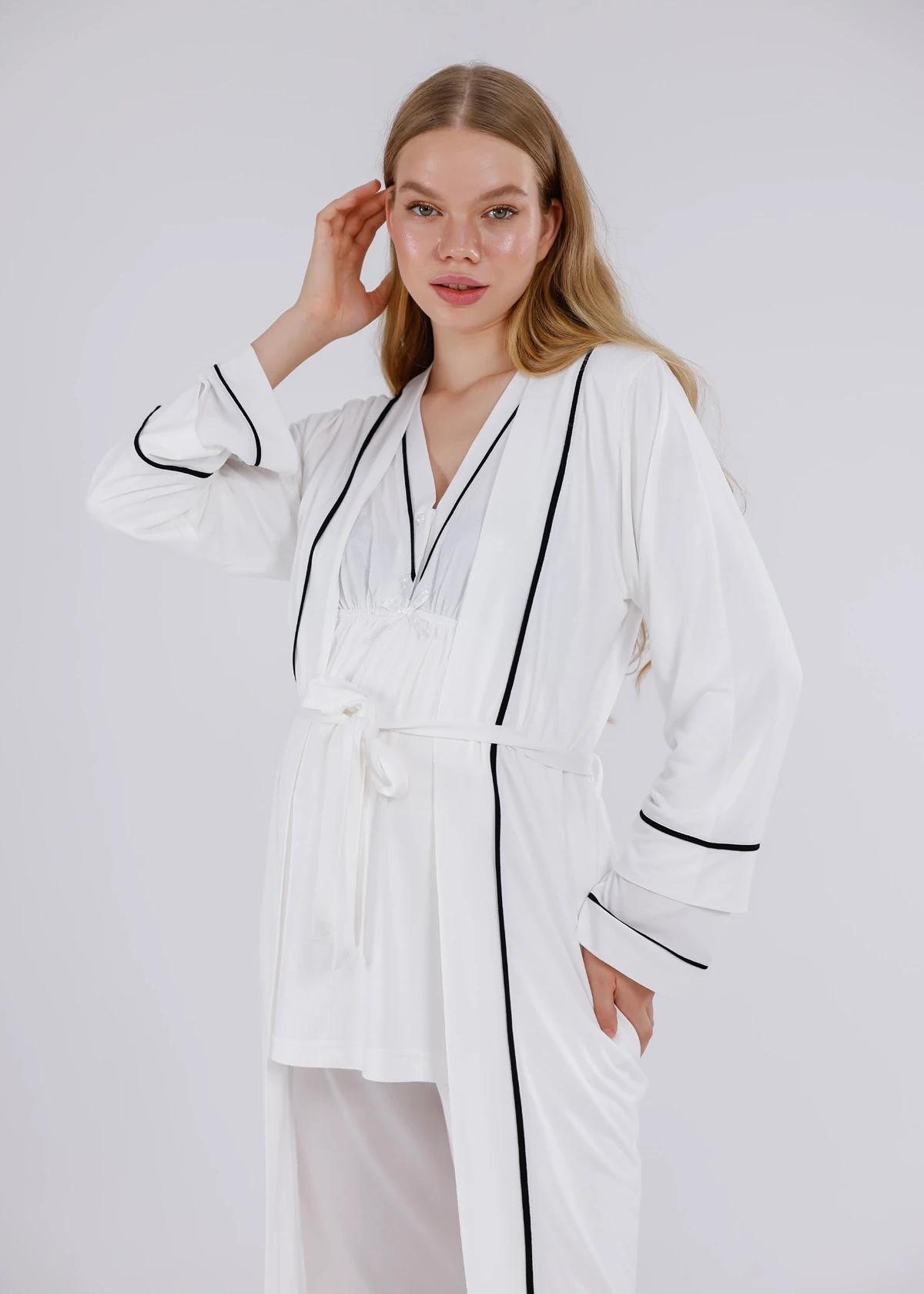 Açık Krem Biyeli Sabahlıklı Hamile Lohusa Pijama Takımı