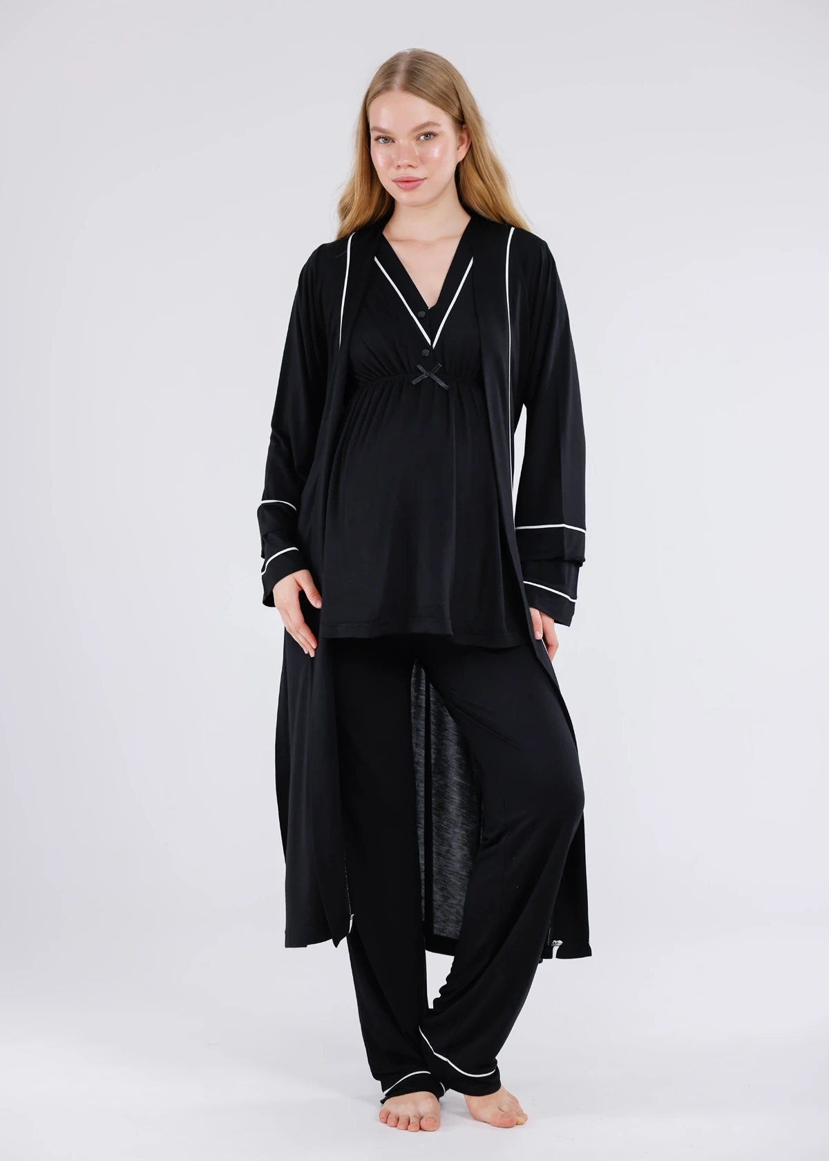 Siyah Beyaz Biyeli Sabahlıklı Hamile Lohusa Pijama Takımı