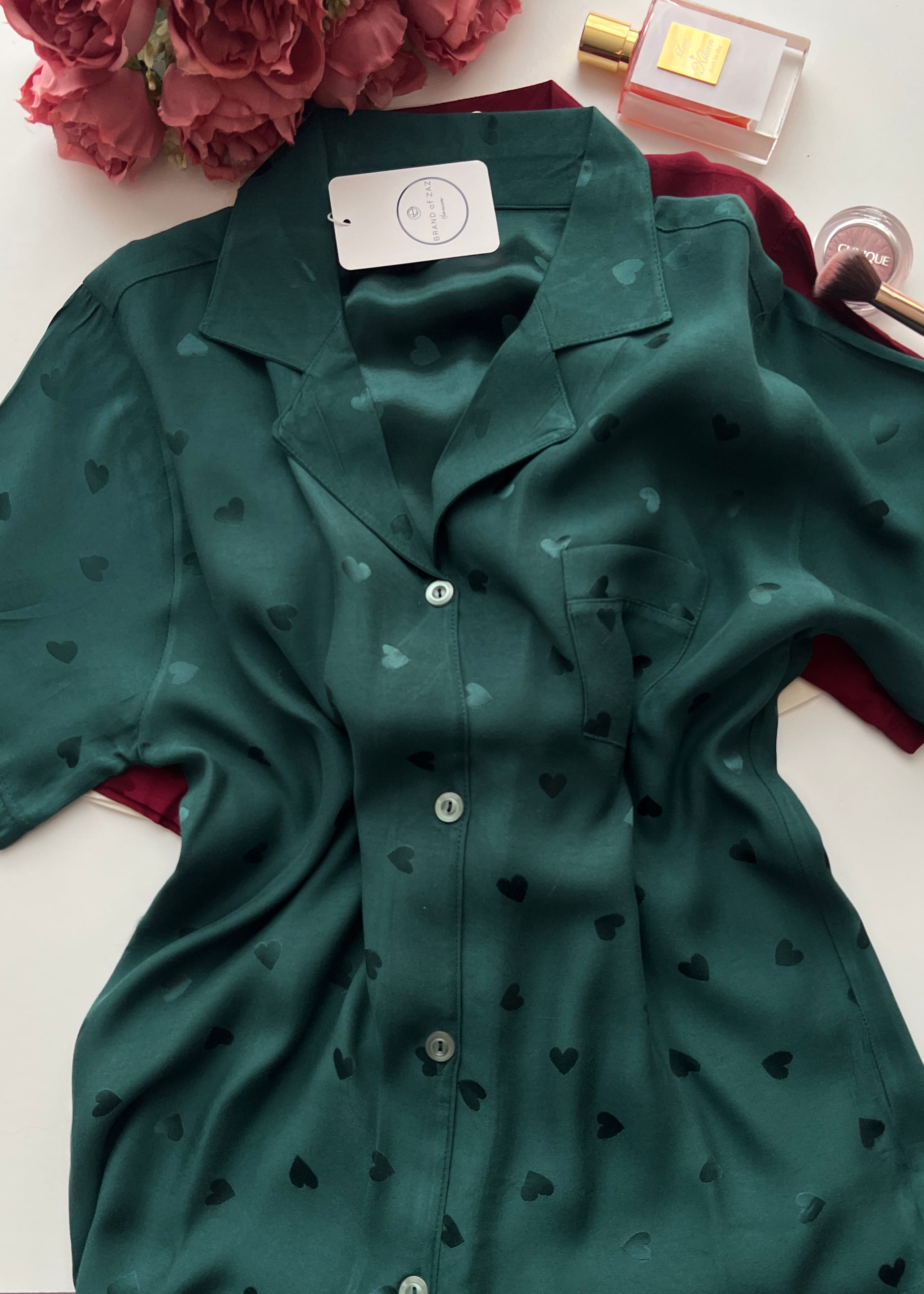 Kalpli Yeşil Pamuk Saten Uzun Kollu Pijama Takımı