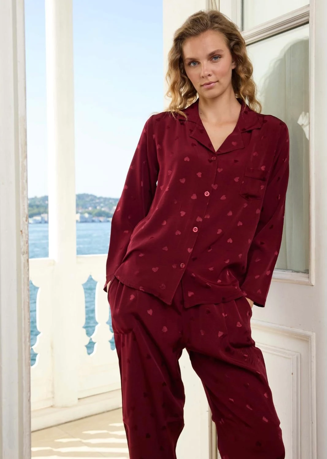 Kalpli Bordo Pamuk Saten Uzun Kollu Pijama Takımı