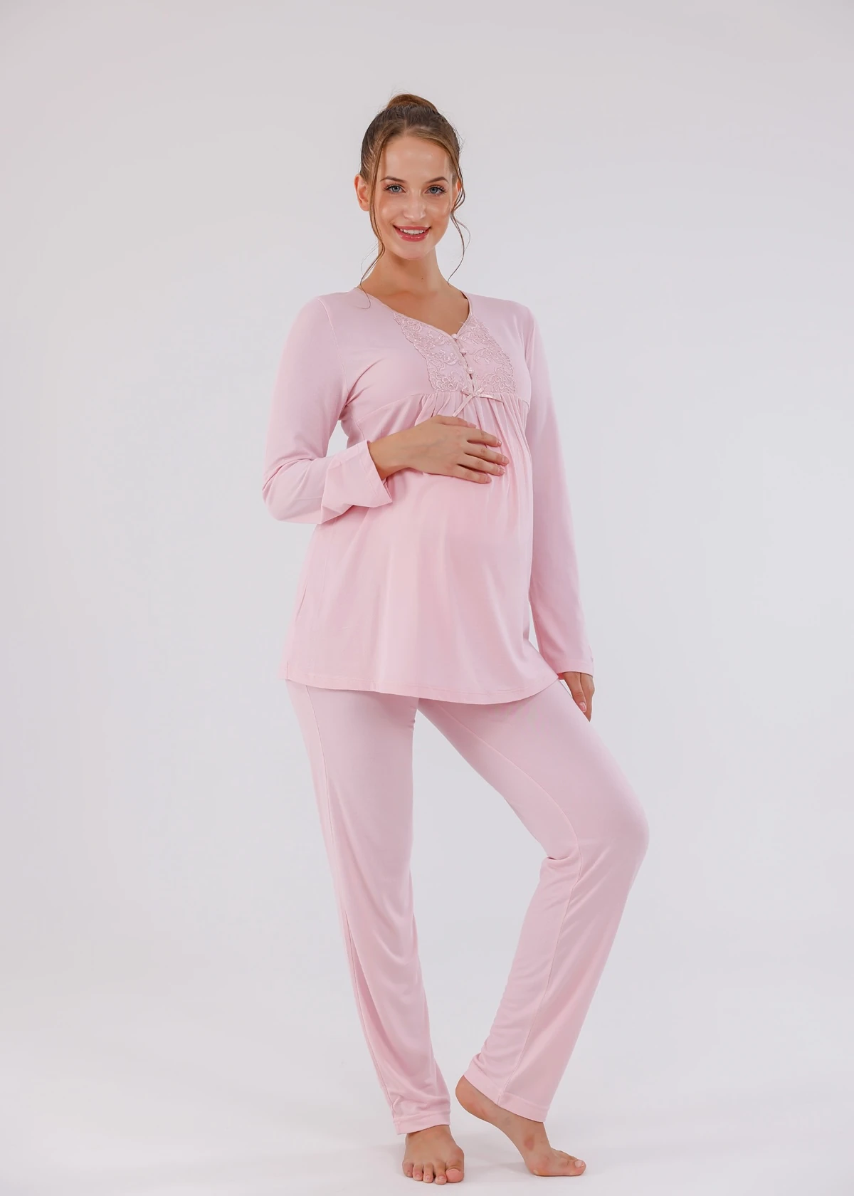 Pembe Güpür Detaylı Tasarım Sabahlıklı Hamile Lohusa Pijama Takımı