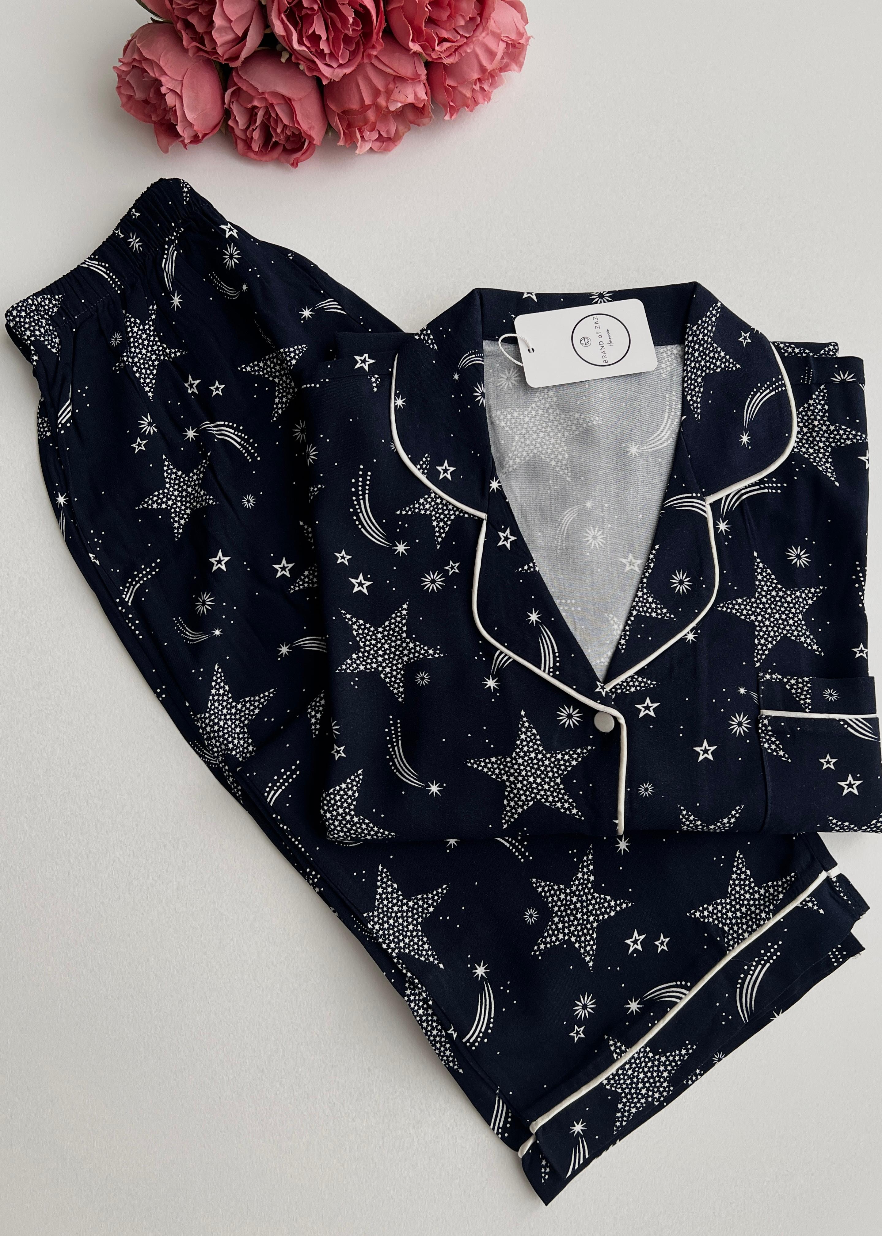 Lacivert Yıldızlı Viskon Uzun Kollu Pijama Takımı