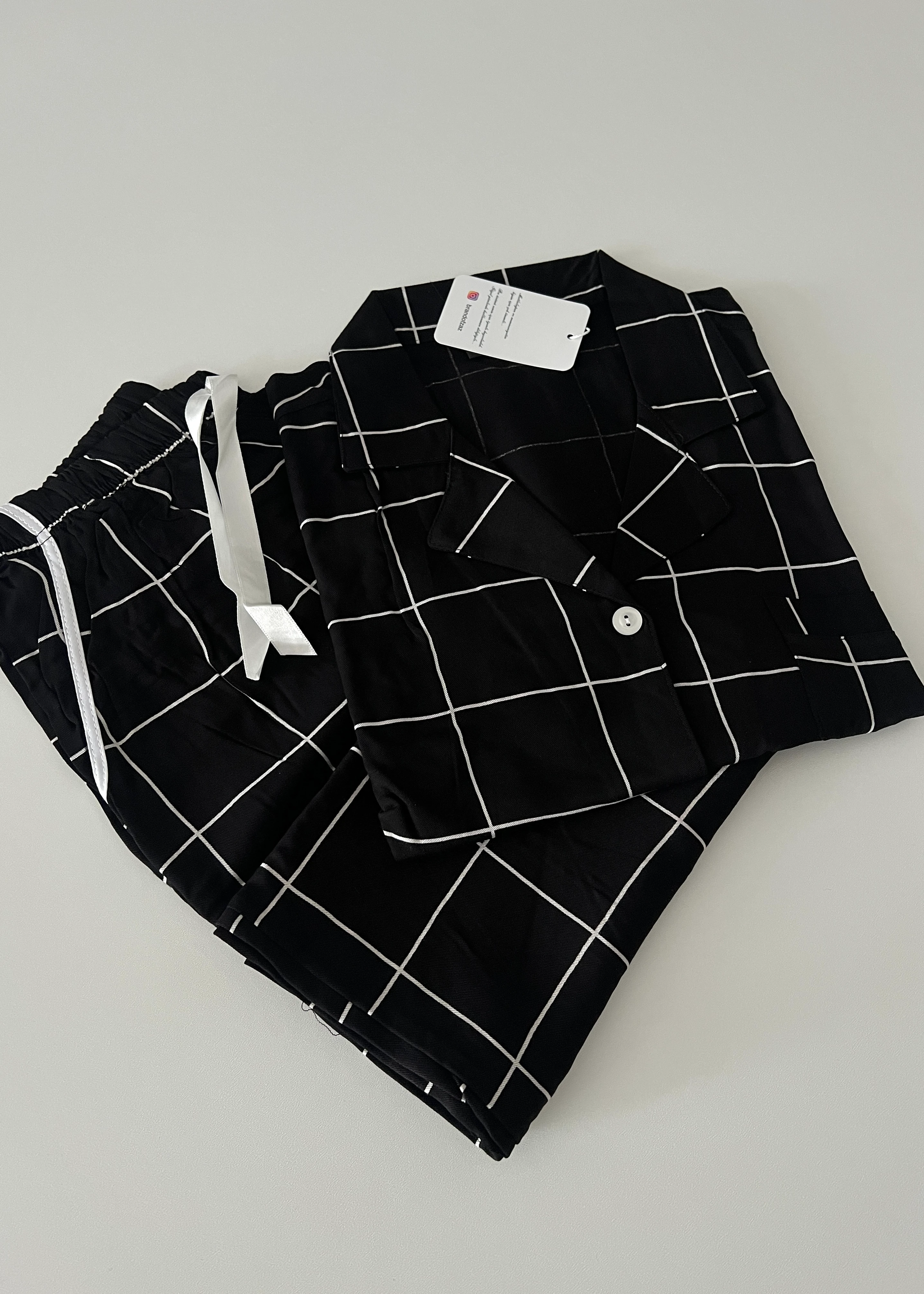 Siyah Kareli Pamuk Dokuma Kısa Kollu Pijama Takımı