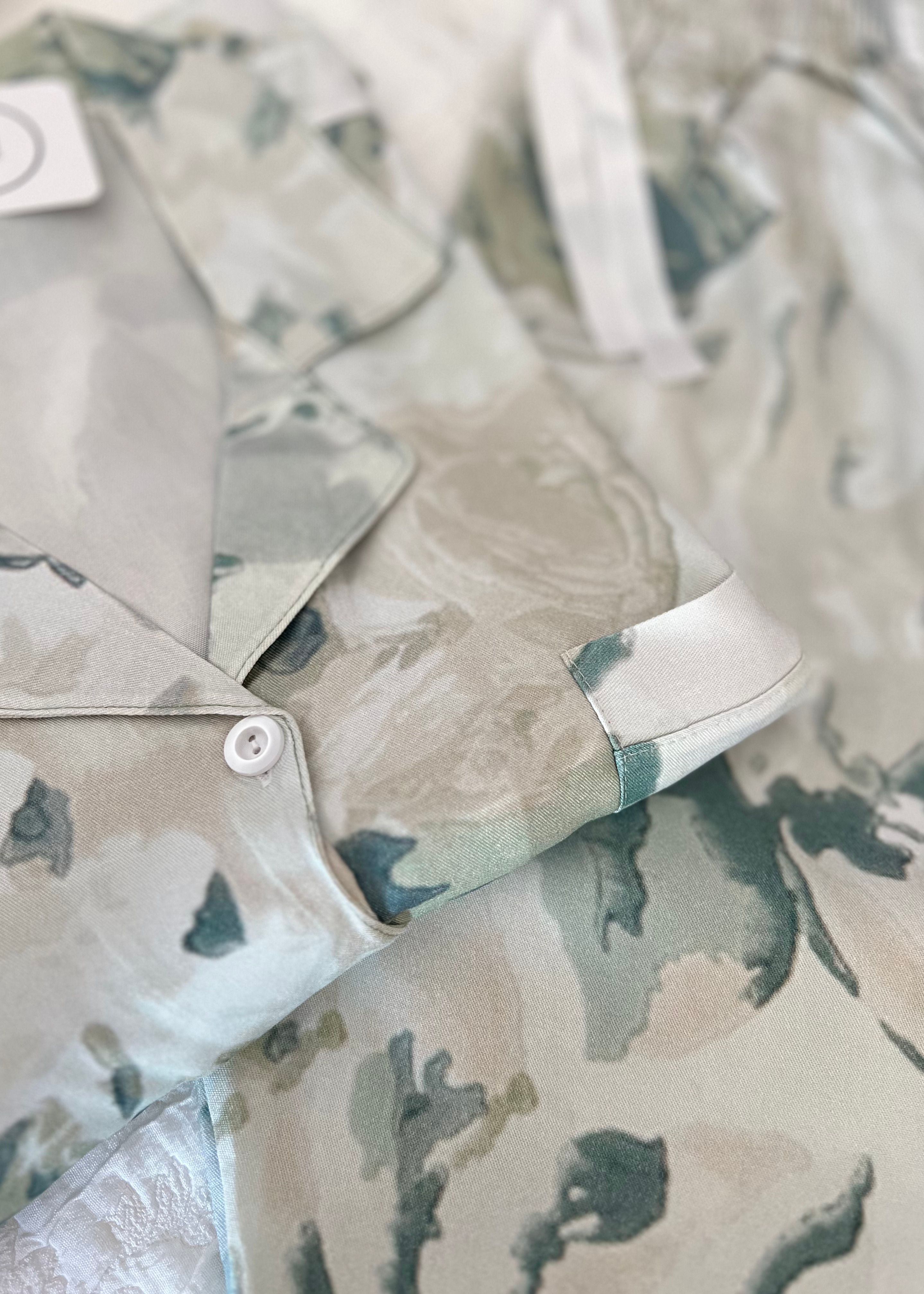 Pastel Yeşili Vintage Pamuk Dokuma Kısa Kollu Pijama Takımı