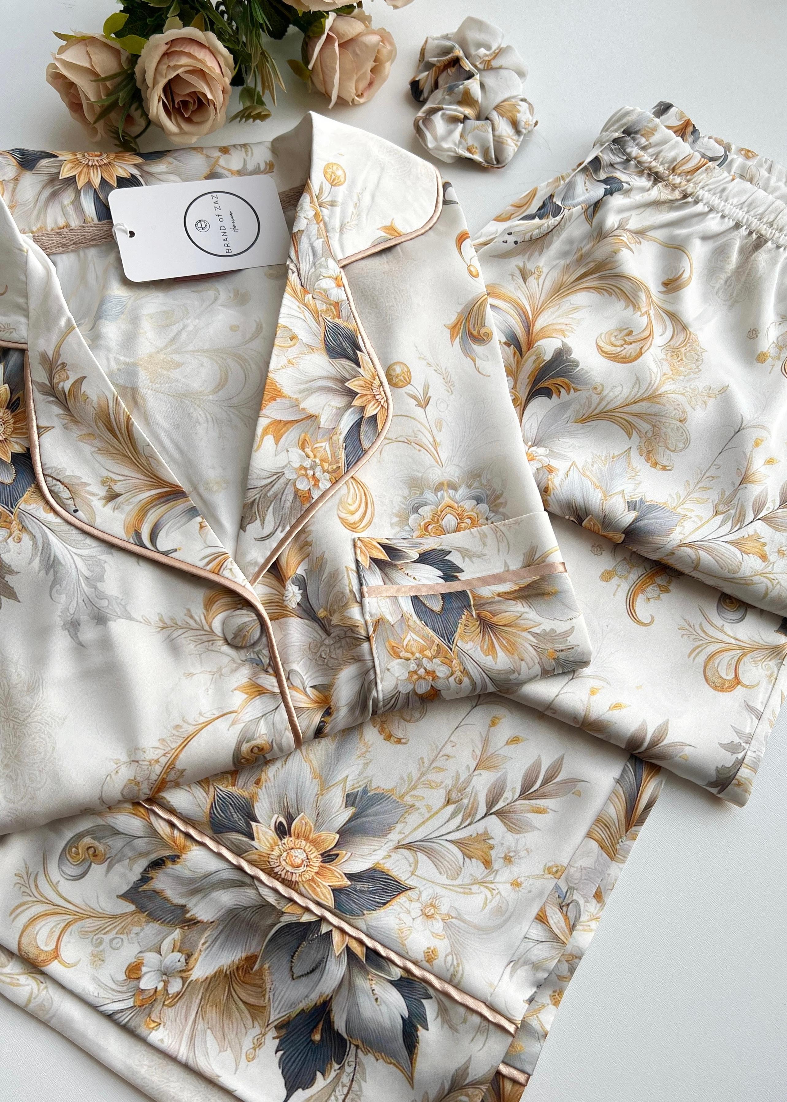 Flower Saten Uzun Kollu Pijama Takımı