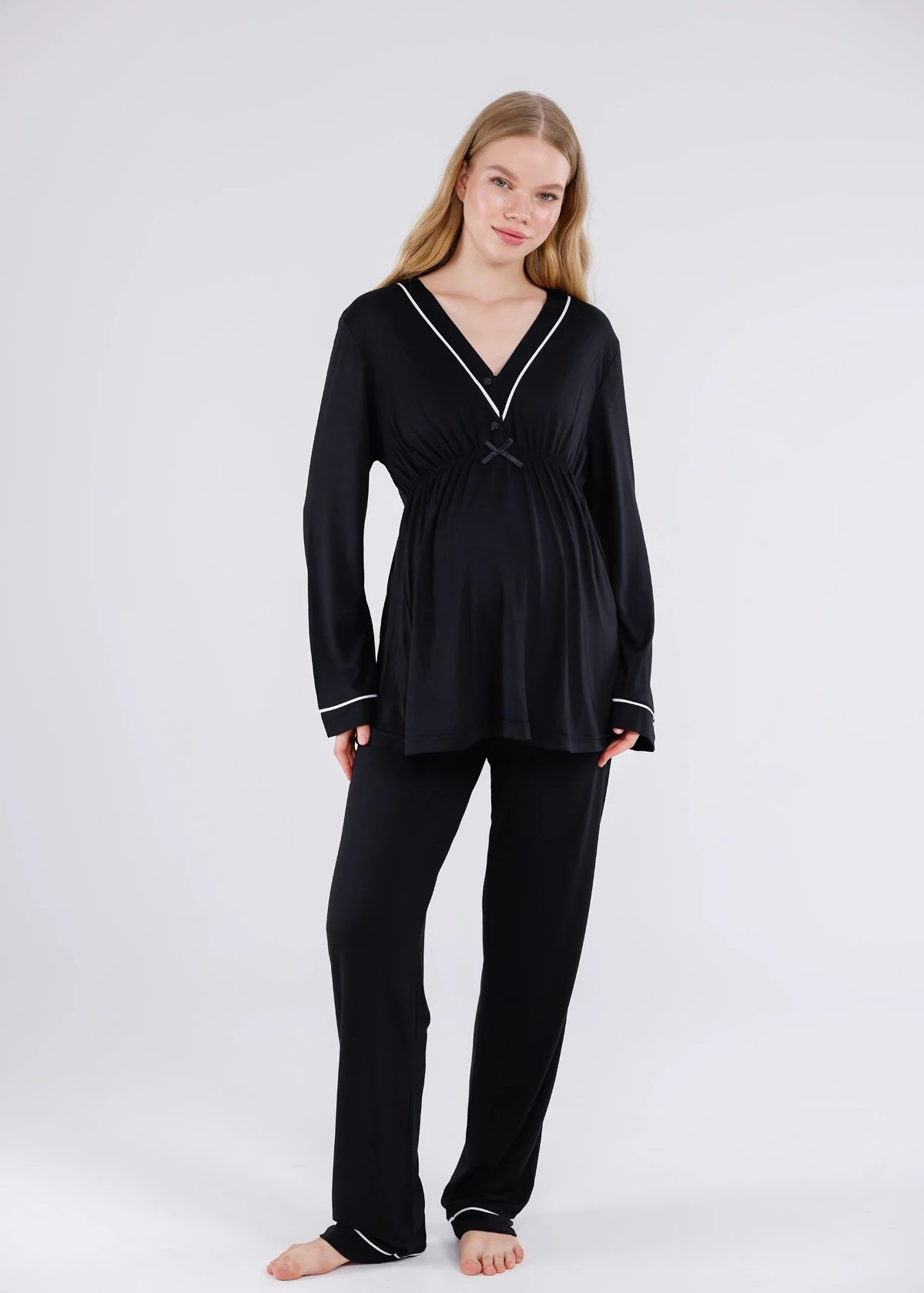 Siyah Beyaz Biyeli Sabahlıklı Hamile Lohusa Pijama Takımı