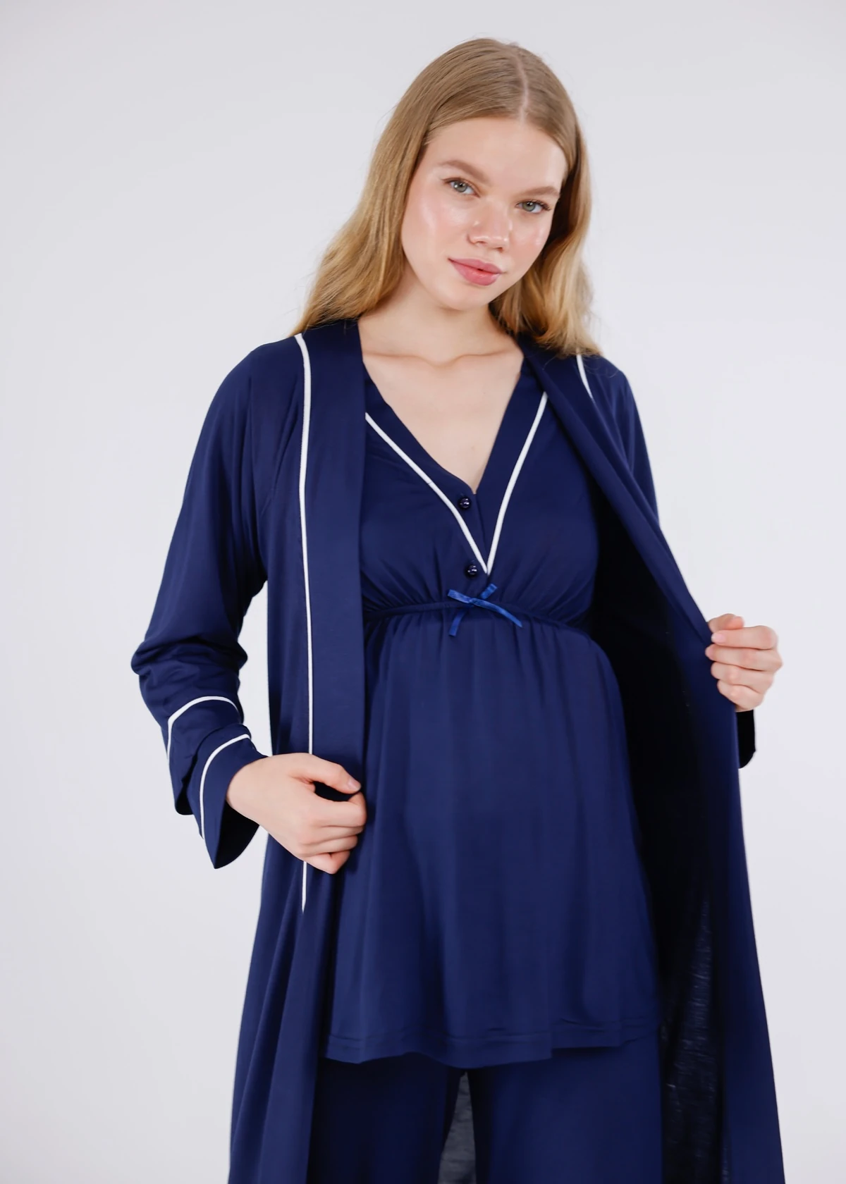 Lacivert Biyeli Sabahlıklı Hamile Lohusa Pijama Takımı