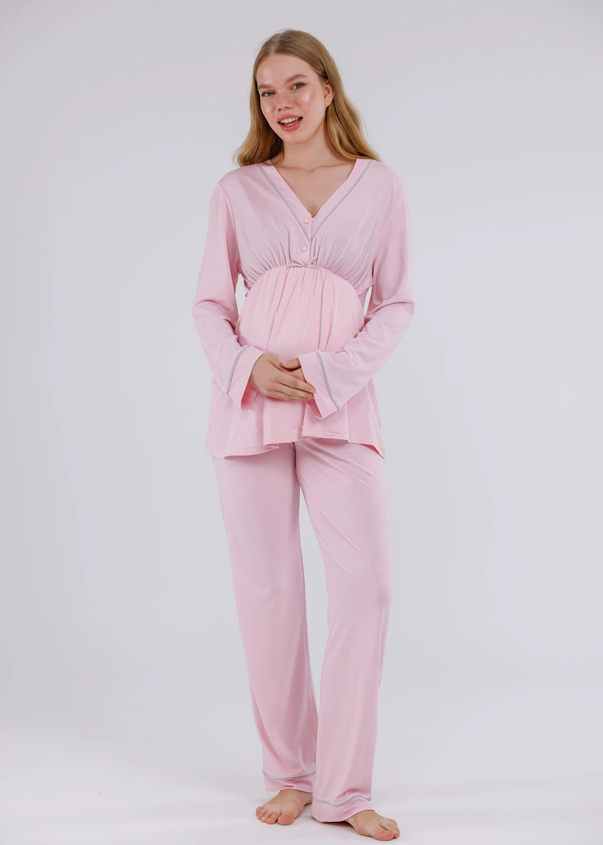 Açık Pembe Biyeli Sabahlıklı Hamile Lohusa Pijama Takımı