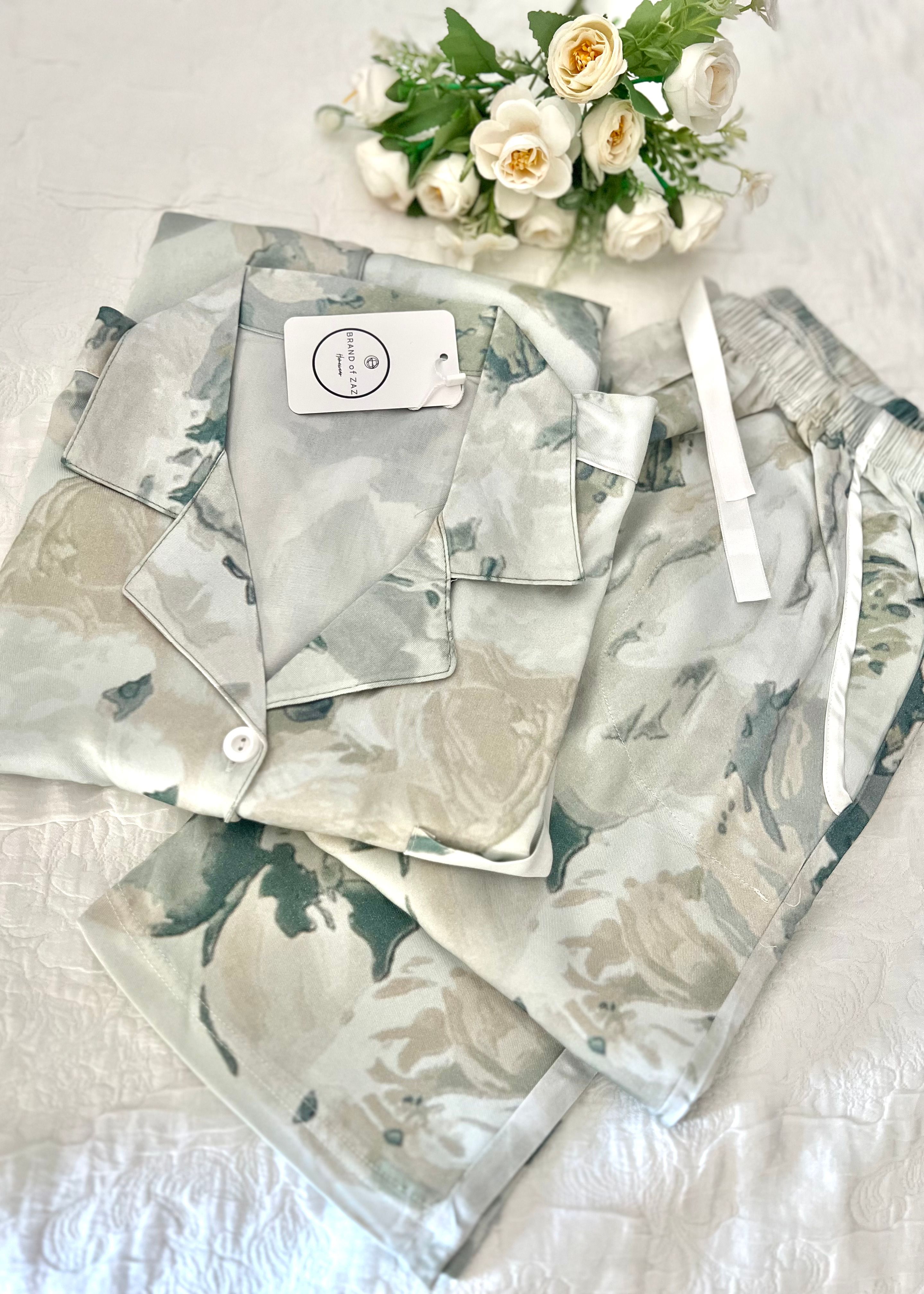 Pastel Yeşili Vintage Pamuk Dokuma Kısa Kollu Pijama Takımı