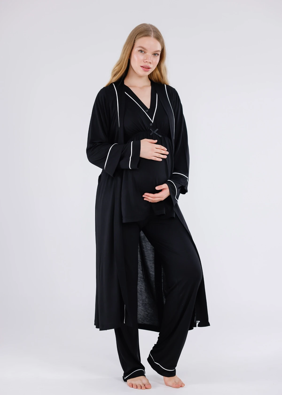 Siyah Beyaz Biyeli Sabahlıklı Hamile Lohusa Pijama Takımı