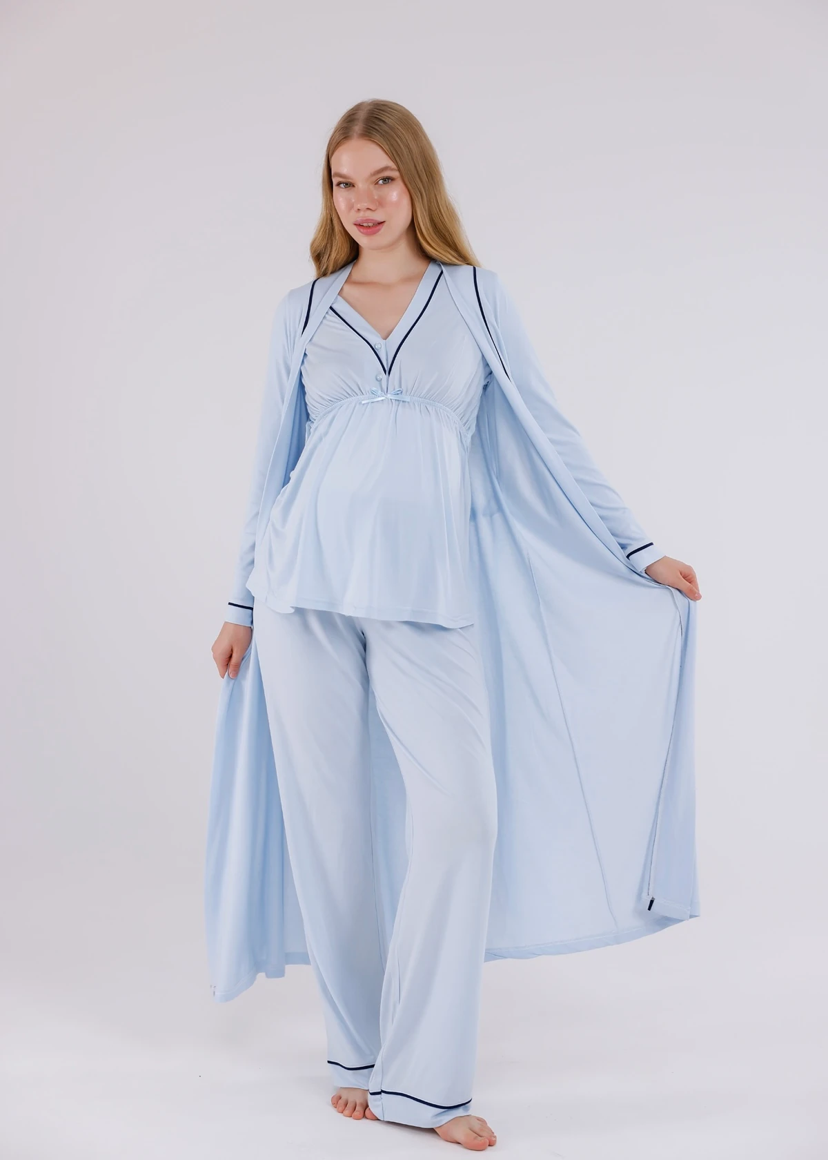Açık Mavi Biyeli Sabahlıklı Hamile Lohusa Pijama Takımı