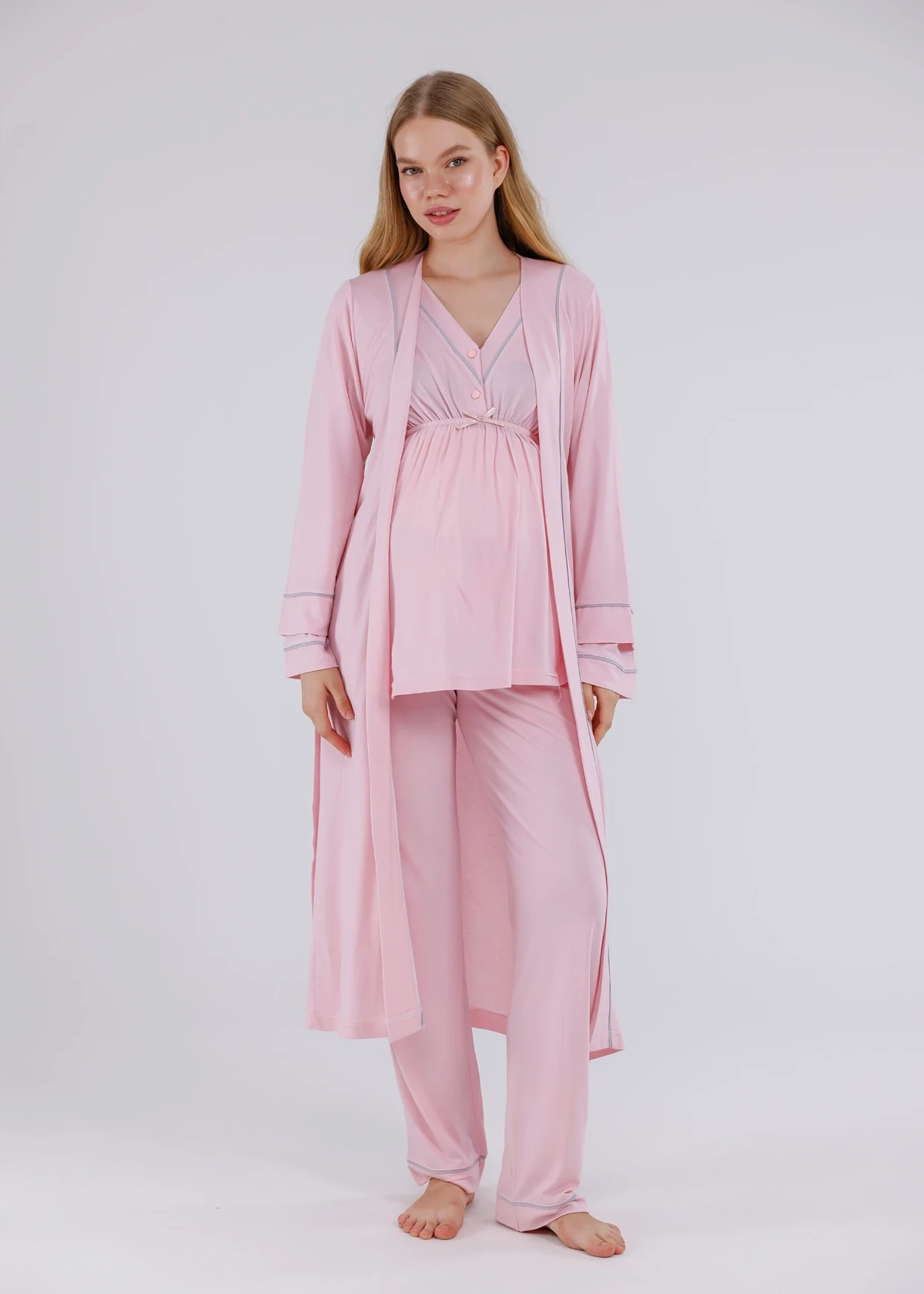 Açık Pembe Biyeli Sabahlıklı Hamile Lohusa Pijama Takımı