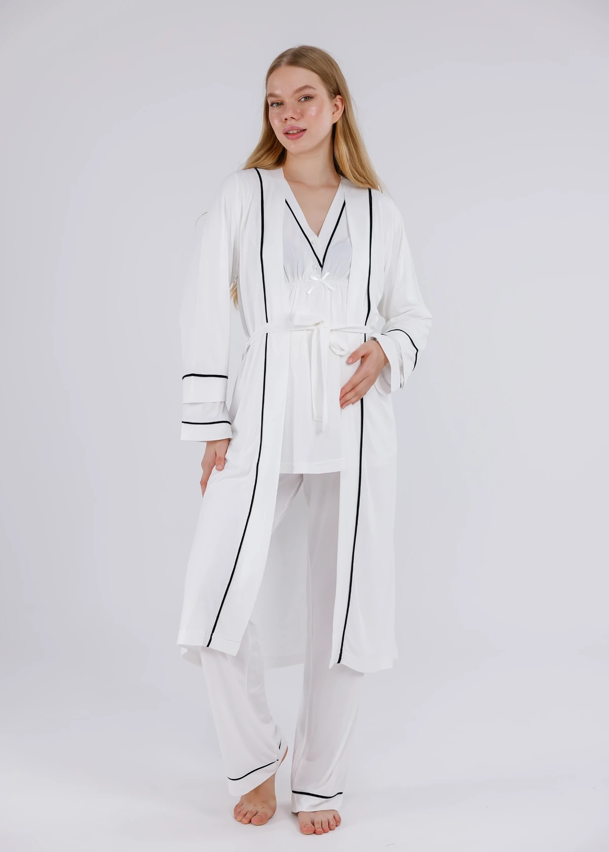 Açık Krem Biyeli Sabahlıklı Hamile Lohusa Pijama Takımı