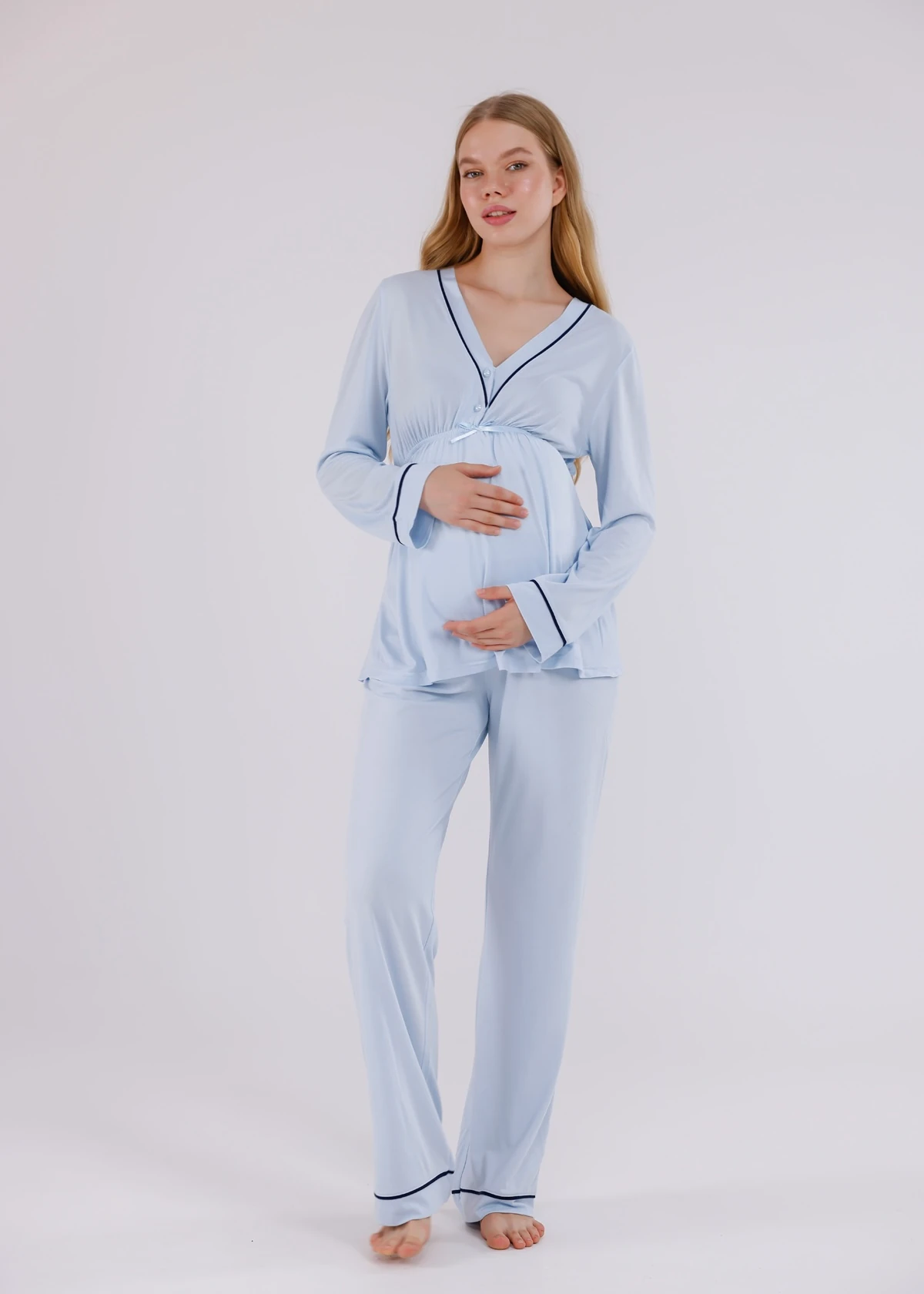 Açık Mavi Biyeli Sabahlıklı Hamile Lohusa Pijama Takımı
