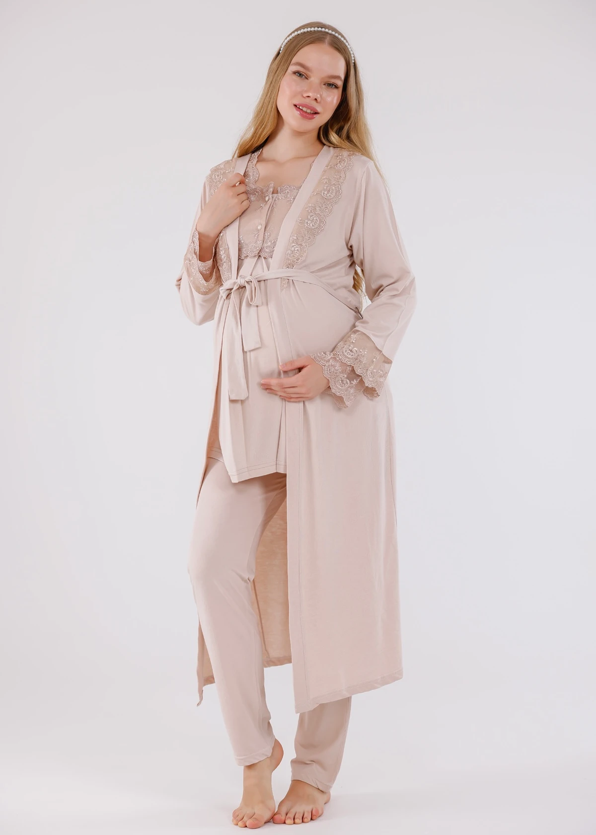 Güpür Detaylı Açık Kahve Sabahlıklı Hamile Lohusa Pijama Takımı