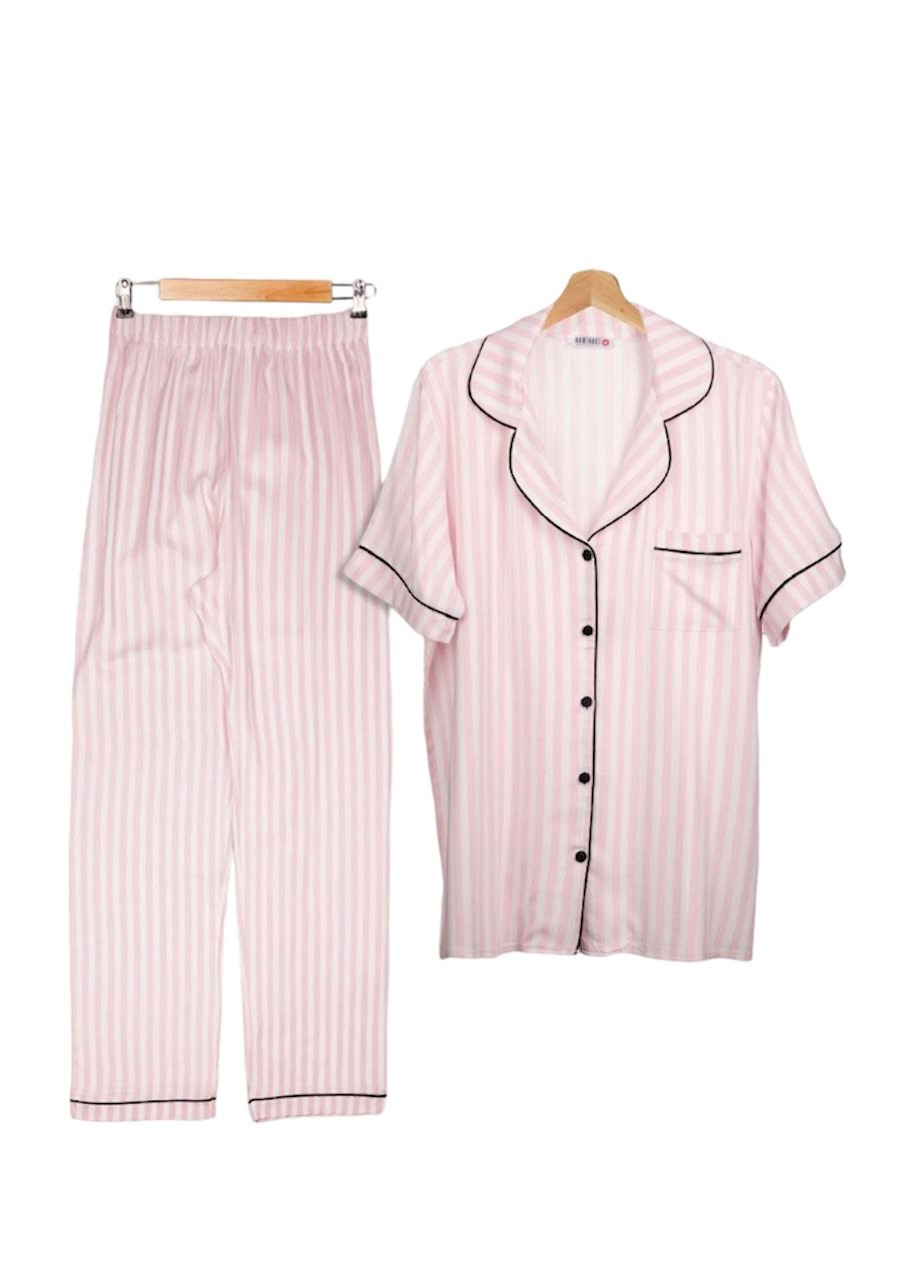 Pembe Beyaz Çizgili Viskon Kısa Kollu Pijama Takımı