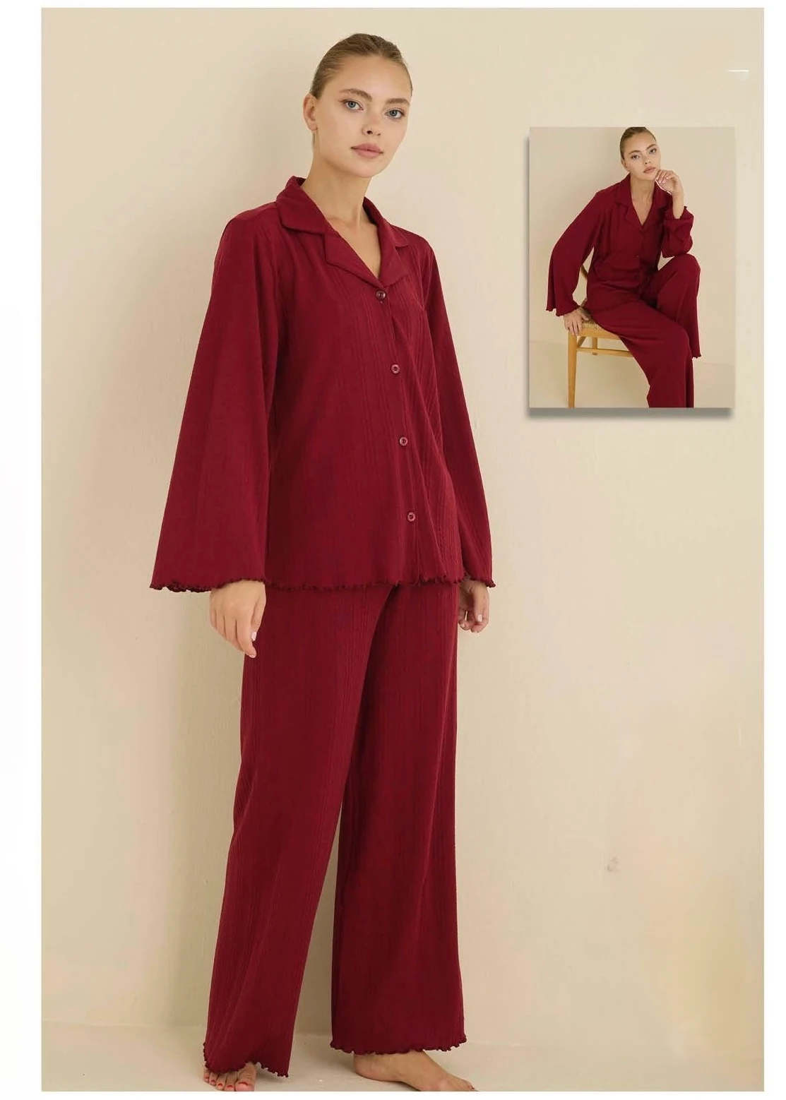 Bordo Pamuk Ribana Kumaş Uzun Kollu Pijama Takımı