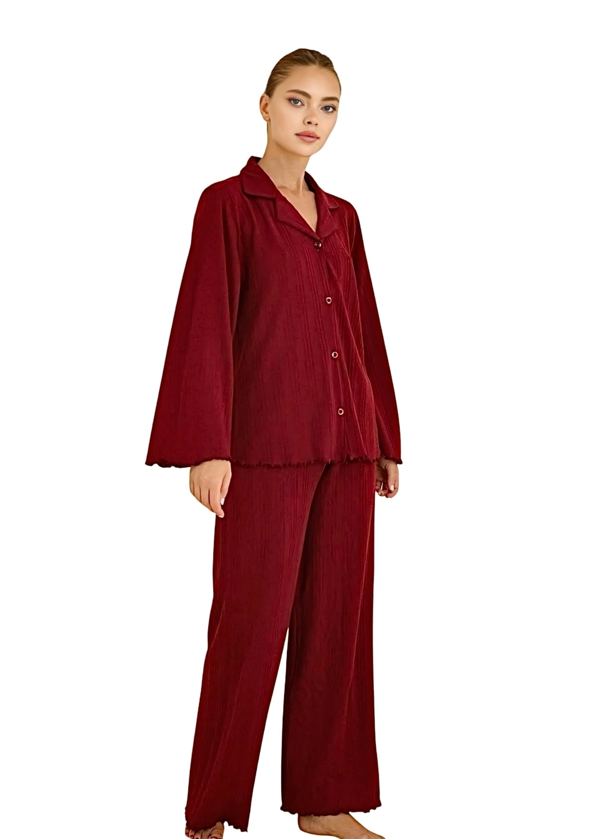 Bordo Pamuk Ribana Kumaş Uzun Kollu Pijama Takımı