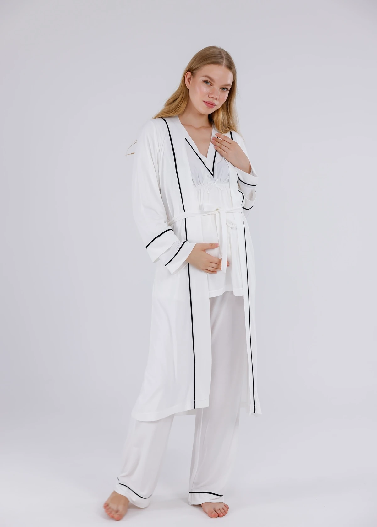 Açık Krem Biyeli Sabahlıklı Hamile Lohusa Pijama Takımı