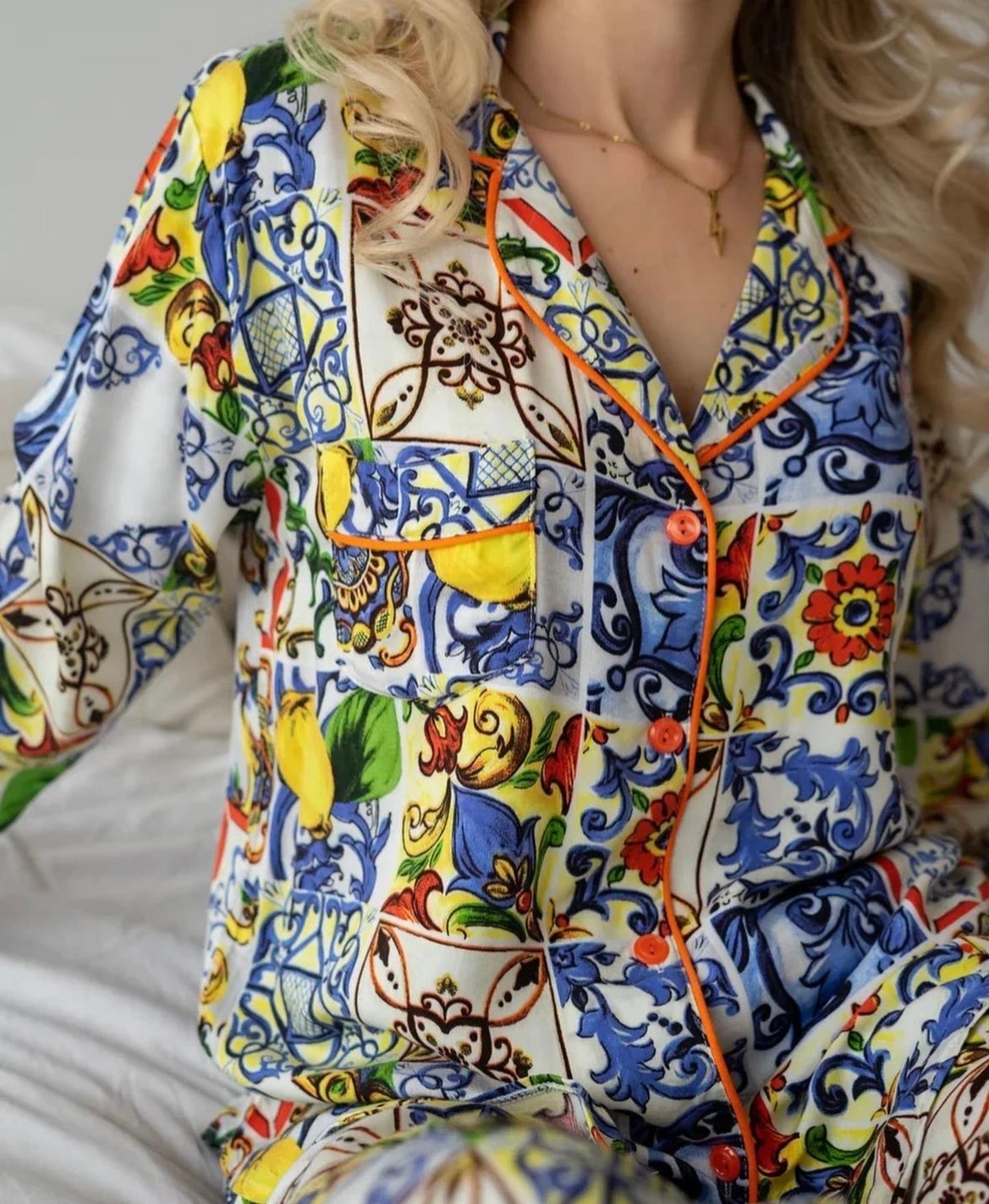 Renkli Parça Desenli Pamuk Dokuma Uzun Kollu Pijama Takımı