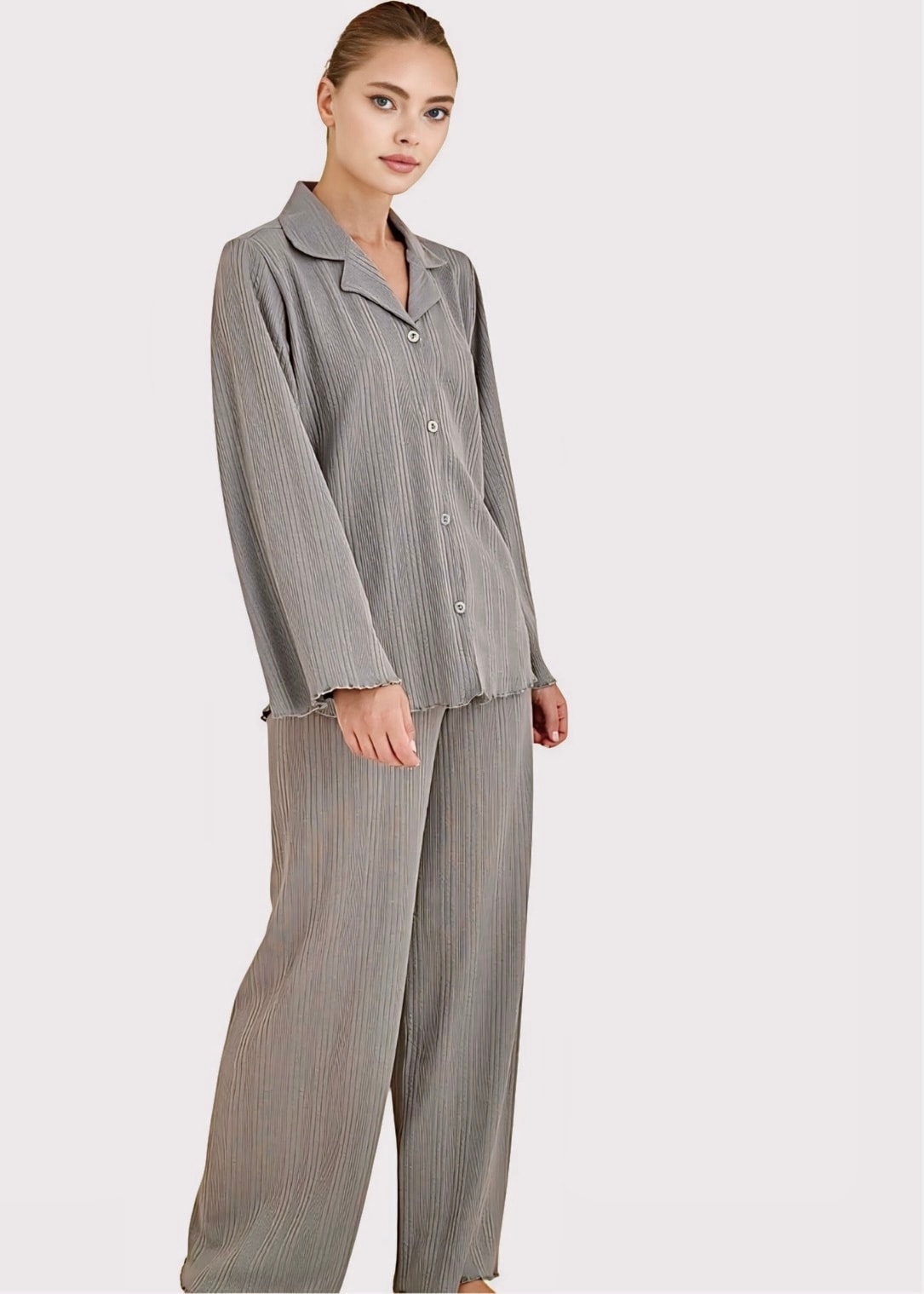 Taş Grisi Pamuk Ribana Kumaş Uzun Kollu Pijama Takımı
