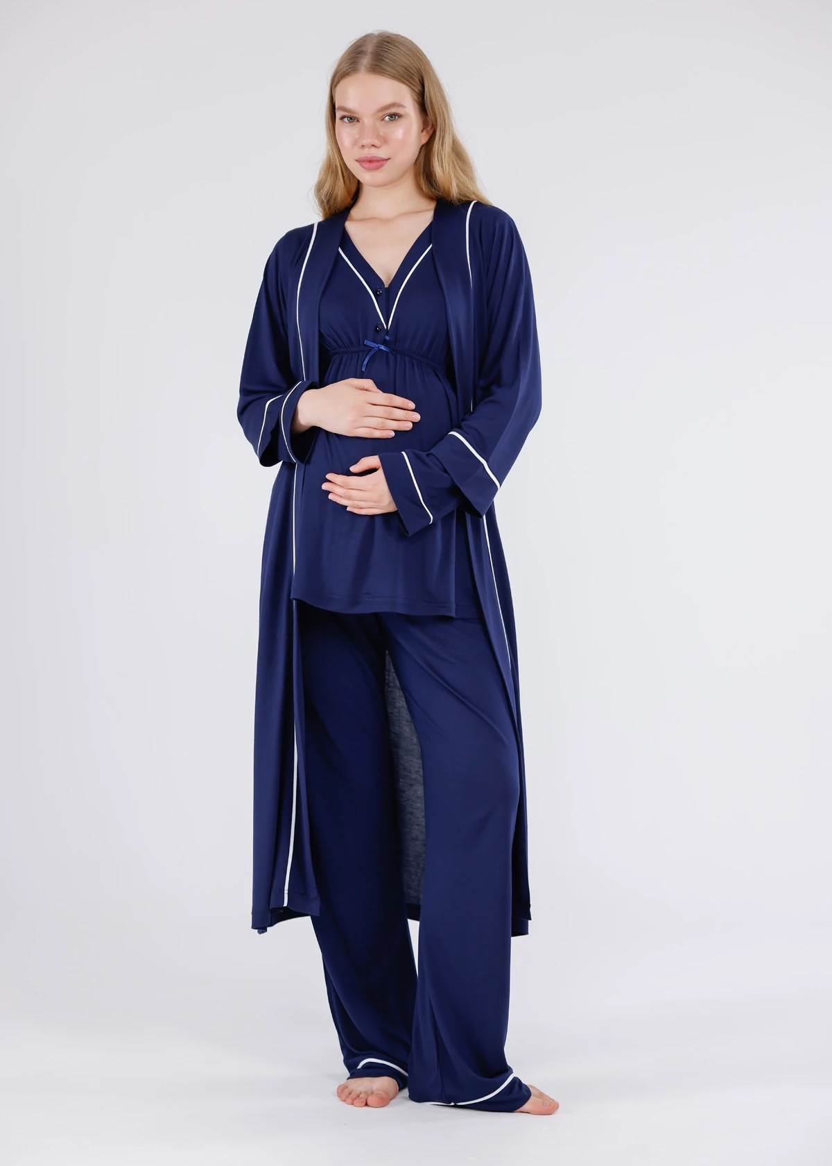 Lacivert Biyeli Sabahlıklı Hamile Lohusa Pijama Takımı