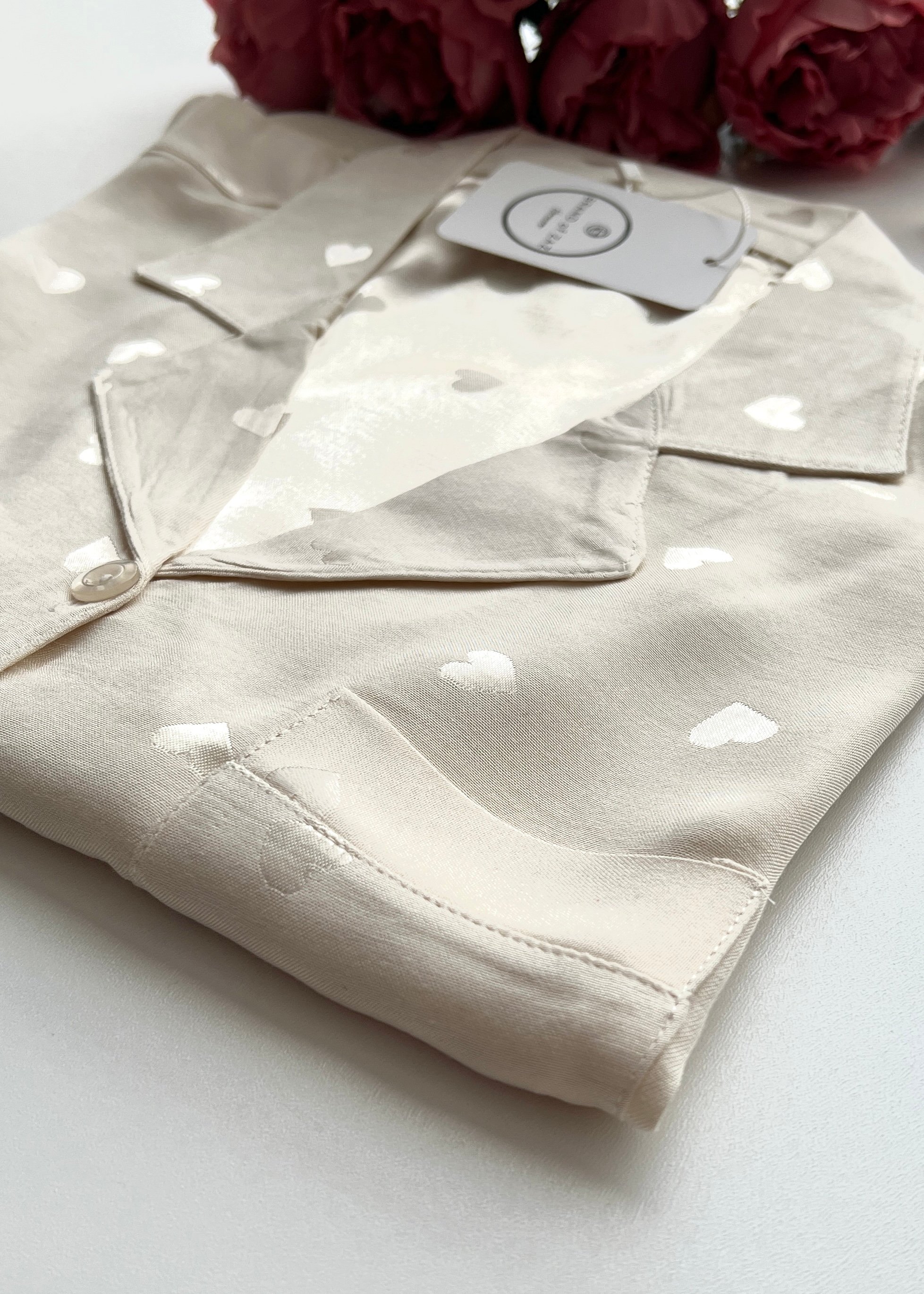 Kalpli Açık Krem Pamuk Saten Kısa Kollu Pijama Takımı