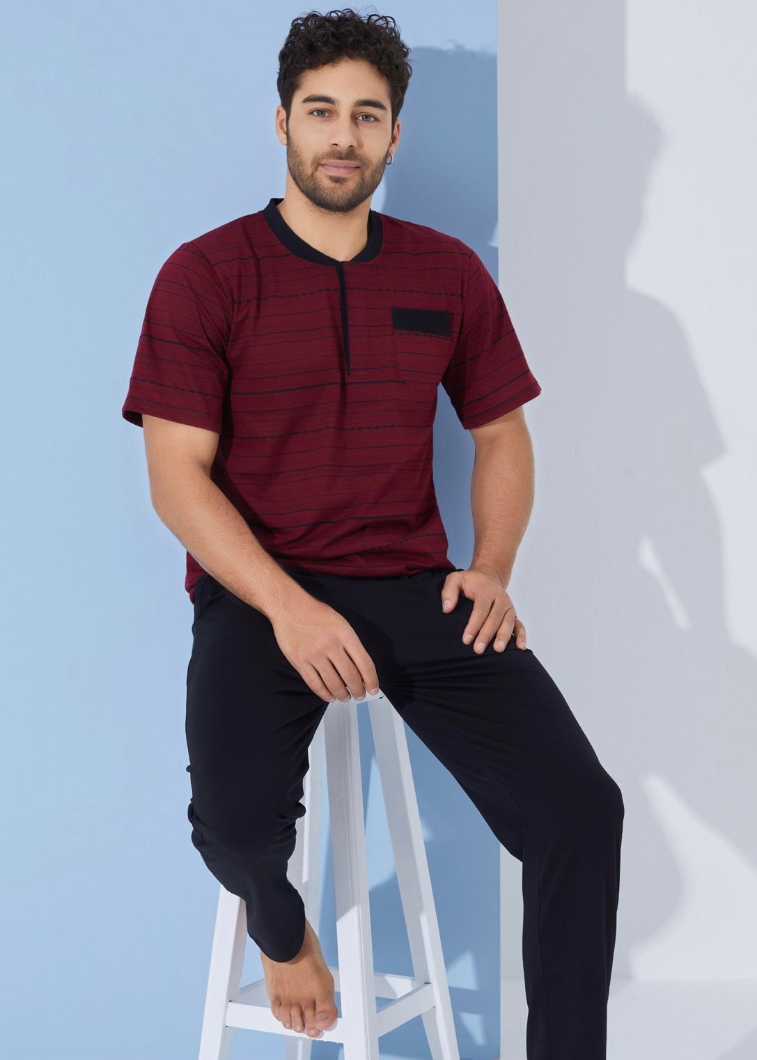 Bordo Lacivert Pamuk Kısa Kollu Pijama Takımı