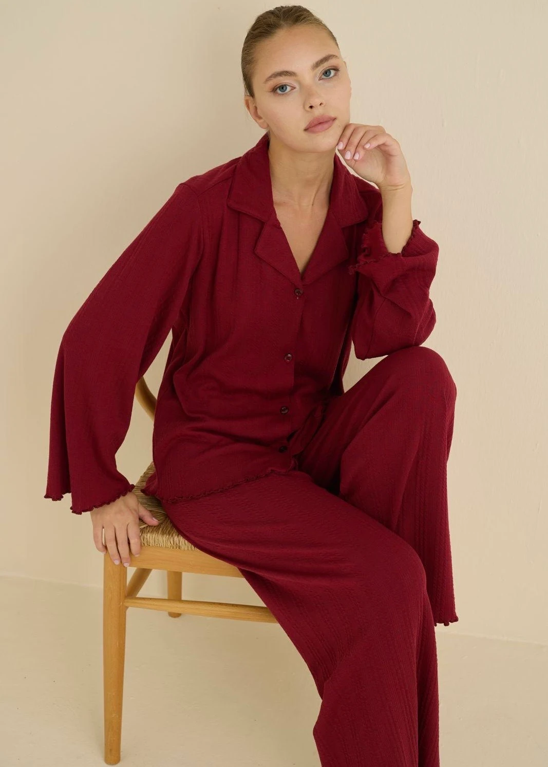 Bordo Pamuk Ribana Kumaş Uzun Kollu Pijama Takımı