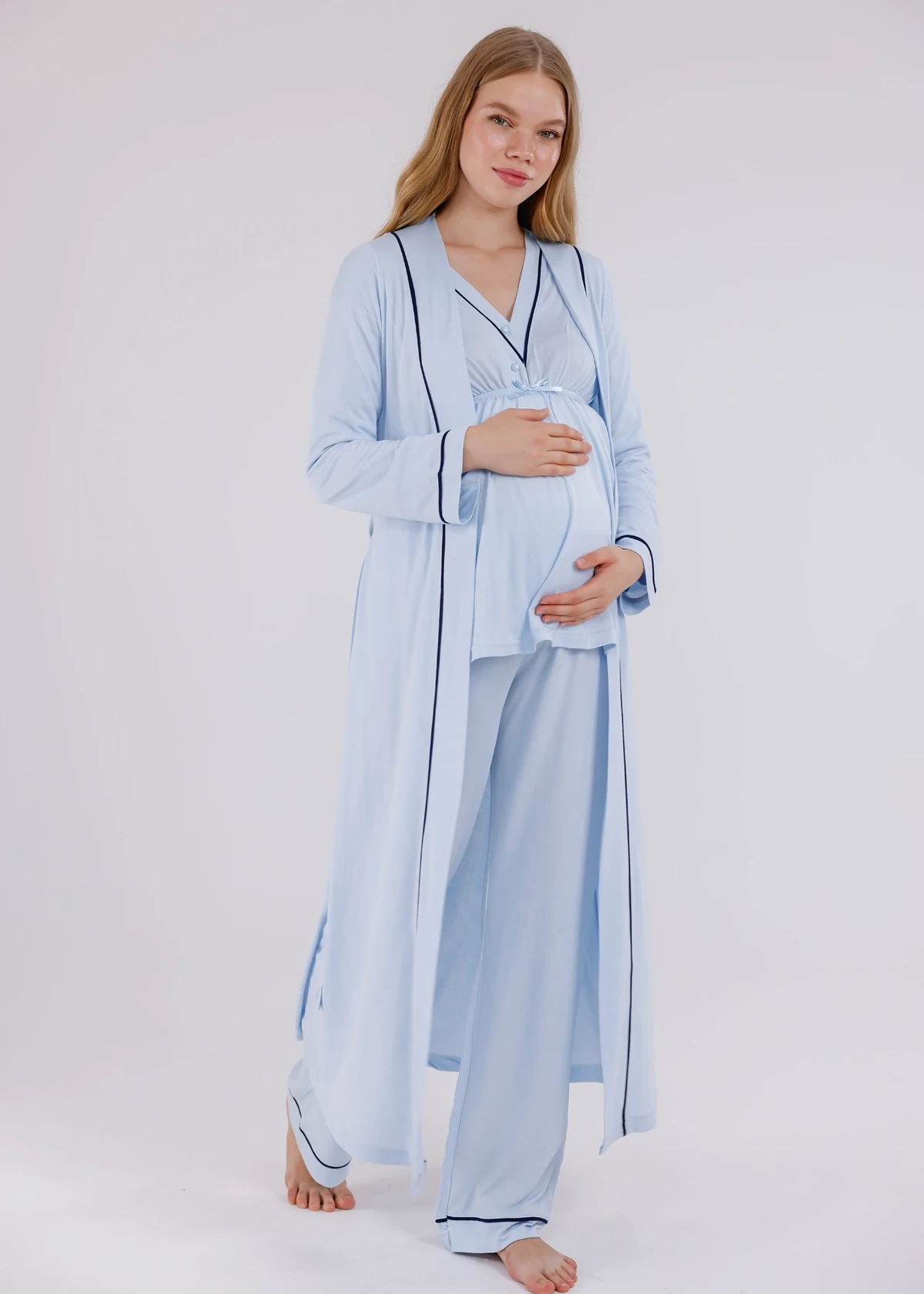 Açık Mavi Biyeli Sabahlıklı Hamile Lohusa Pijama Takımı