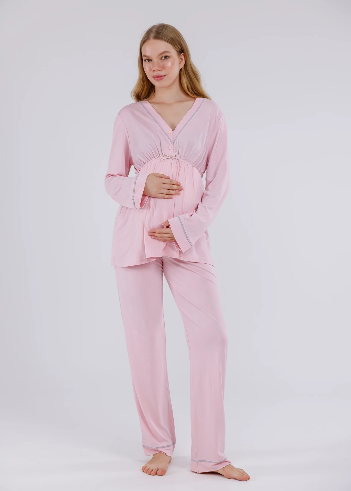 Açık Pembe Biyeli Sabahlıklı Hamile Lohusa Pijama Takımı