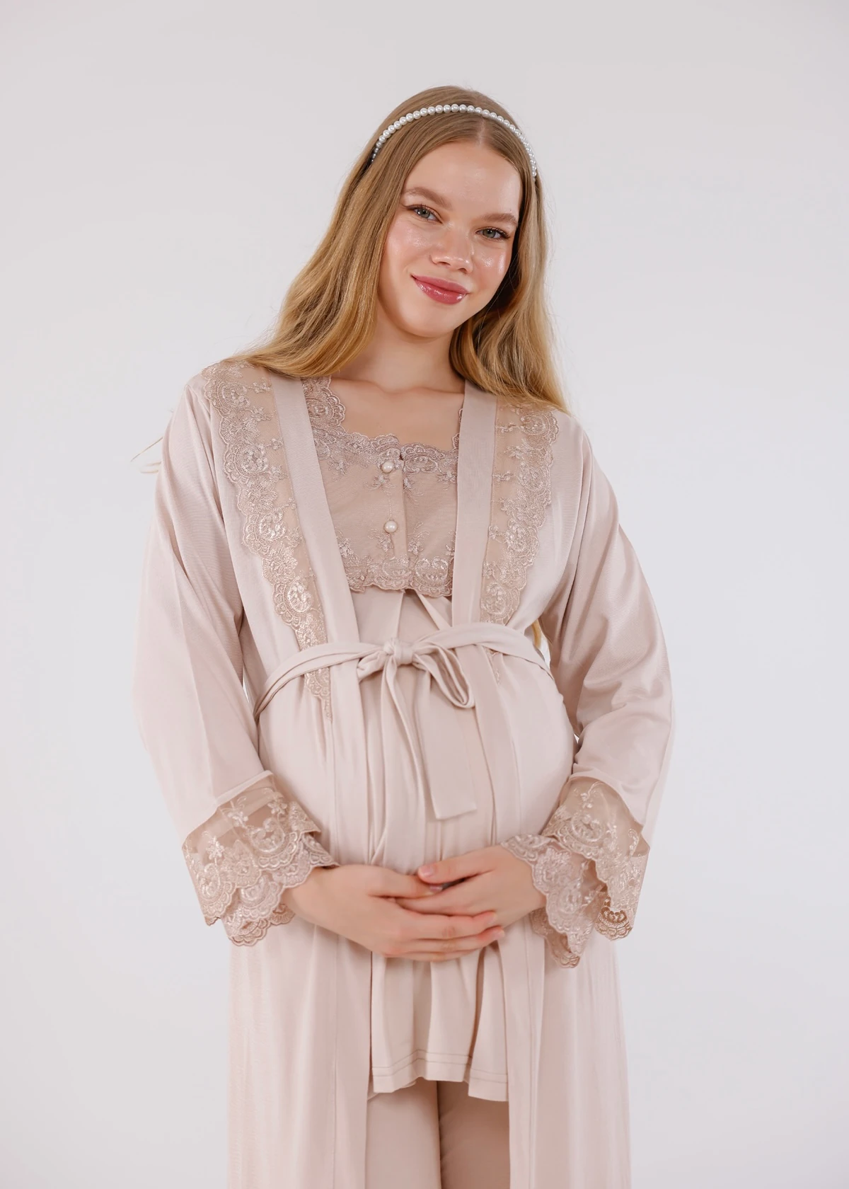 Güpür Detaylı Açık Kahve Sabahlıklı Hamile Lohusa Pijama Takımı