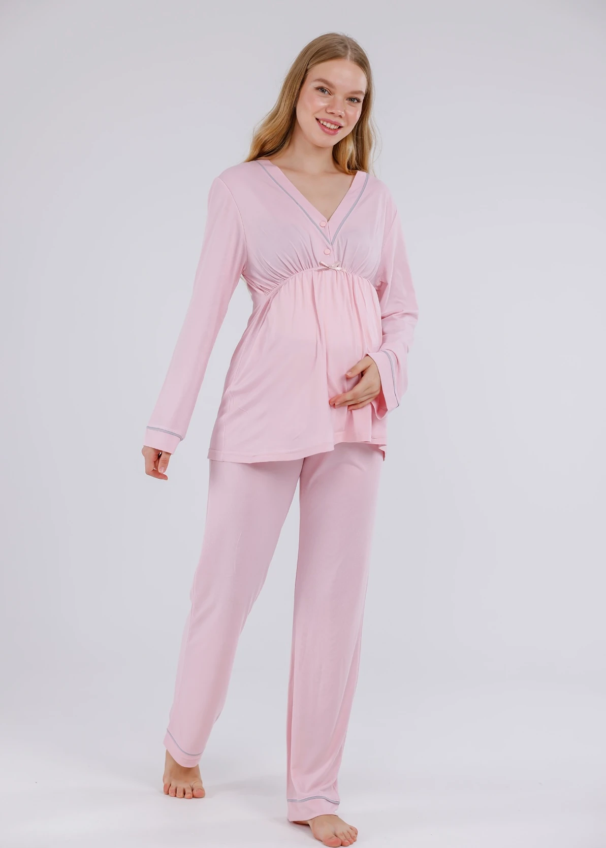 Açık Pembe Biyeli Sabahlıklı Hamile Lohusa Pijama Takımı
